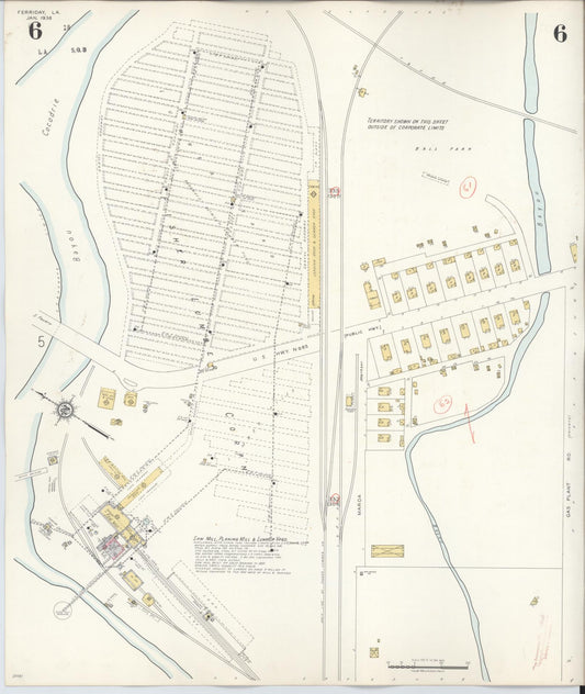 Sanborn Fire Insurance Map from Ferriday, Concordia Parish, Louisiana (1938), Sheet #0006 - Historic Sanborn Fire Insurance Map Print, vintage old map wall art, antique decor, genealogy gift, Louisiana Louisiana map