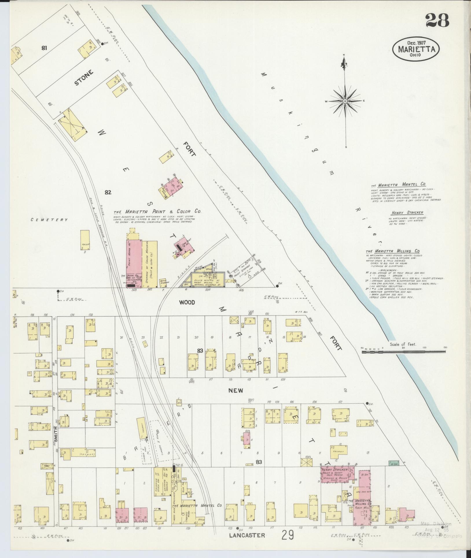 Sanborn Fire Insurance Map from Marietta, Washington County, Ohio (1907), Sheet #0028 - Historic Sanborn Fire Insurance Map Print, vintage old map wall art, antique decor, genealogy gift, Ohio Ohio map