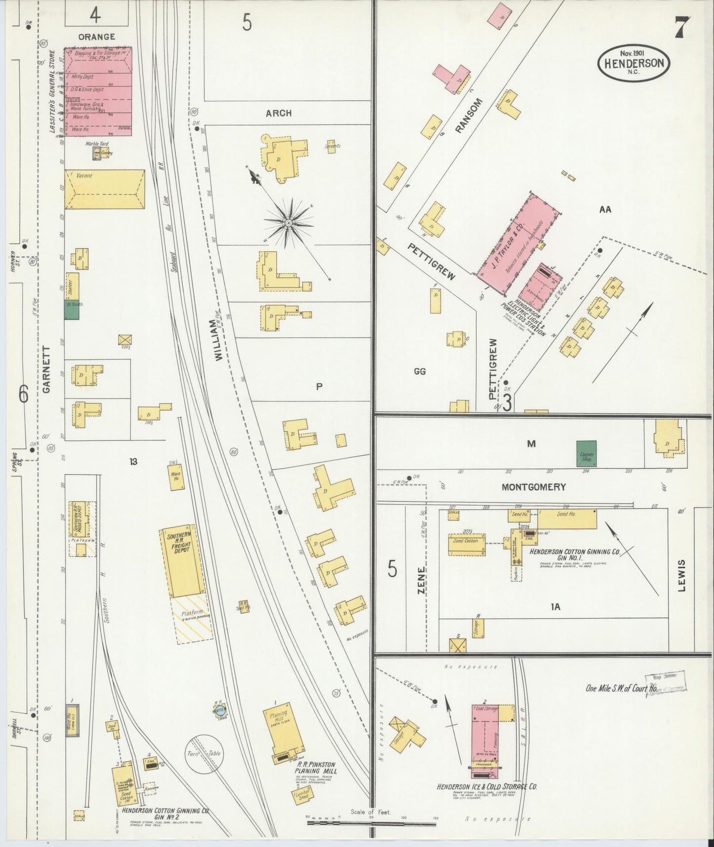 Sanborn Fire Insurance Map from Henderson, Vance County, North Carolina (1901), Sheet #0007 - Complete Map Set gallery image, historic Sanborn map, vintage wall art, North Carolina North Carolina