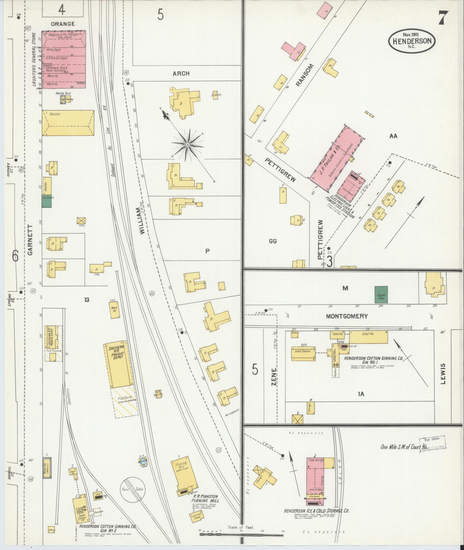 Sanborn Fire Insurance Map from Henderson, Vance County, North Carolina (1901), Sheet #0007 - Complete Map Set gallery image, historic Sanborn map, vintage wall art, North Carolina North Carolina
