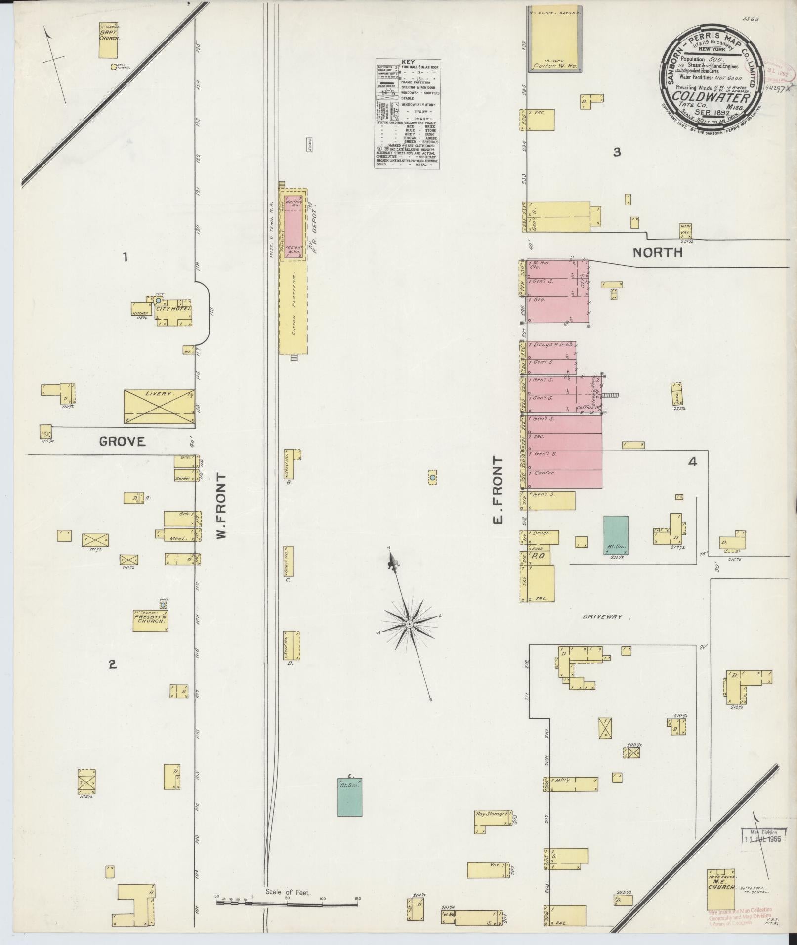 Sanborn Fire Insurance Map from Coldwater, Tate County, Mississippi (1892), Sheet #0001 - Historic Sanborn Fire Insurance Map Print, vintage old map wall art, antique decor, genealogy gift, Mississippi Mississippi map