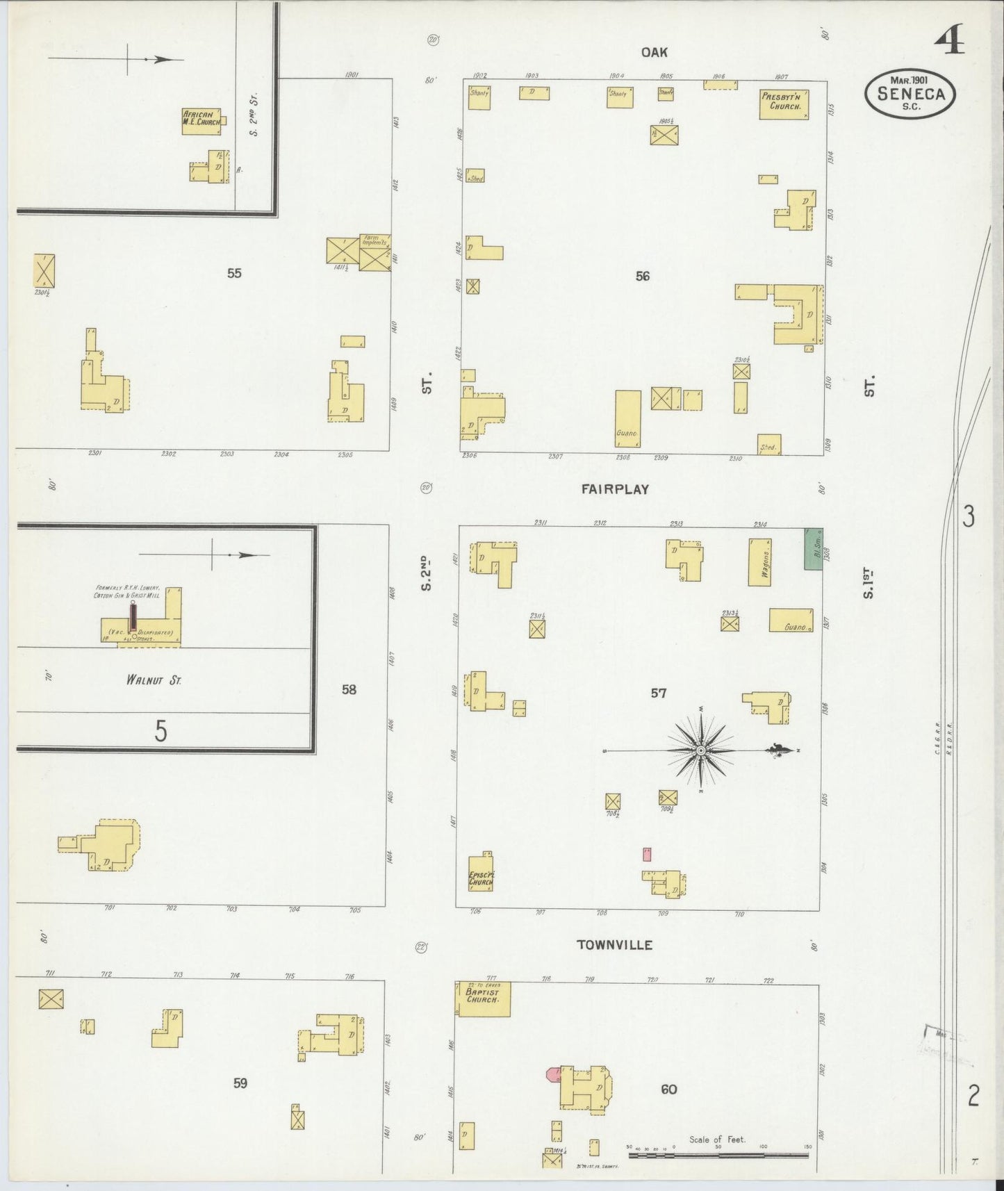 Sanborn Fire Insurance Map from Seneca, Oconee County, South Carolina (1901), Sheet #0004 - Complete Map Set gallery image, historic Sanborn map, vintage wall art, South Carolina South Carolina