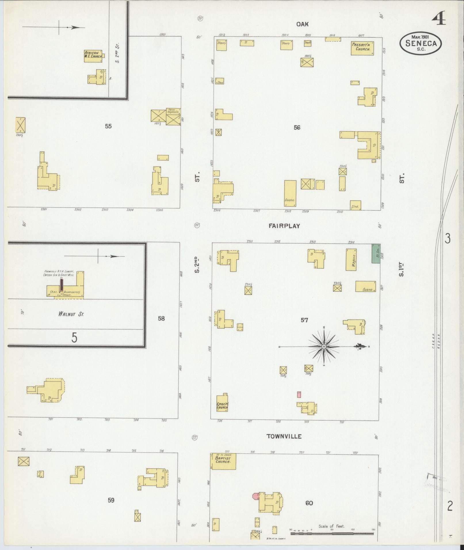 Sanborn Fire Insurance Map from Seneca, Oconee County, South Carolina (1901), Sheet #0004 - Complete Map Set gallery image, historic Sanborn map, vintage wall art, South Carolina South Carolina