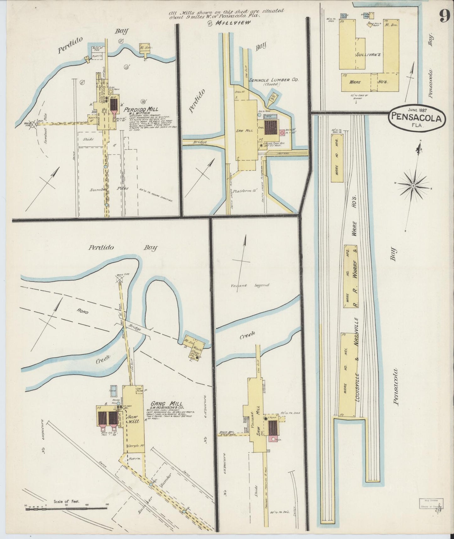 Sanborn Fire Insurance Map from Pensacola, Escambia County, Florida (1887), Sheet #0009 - Complete Map Set gallery image, historic Sanborn map, vintage wall art, Florida Florida
