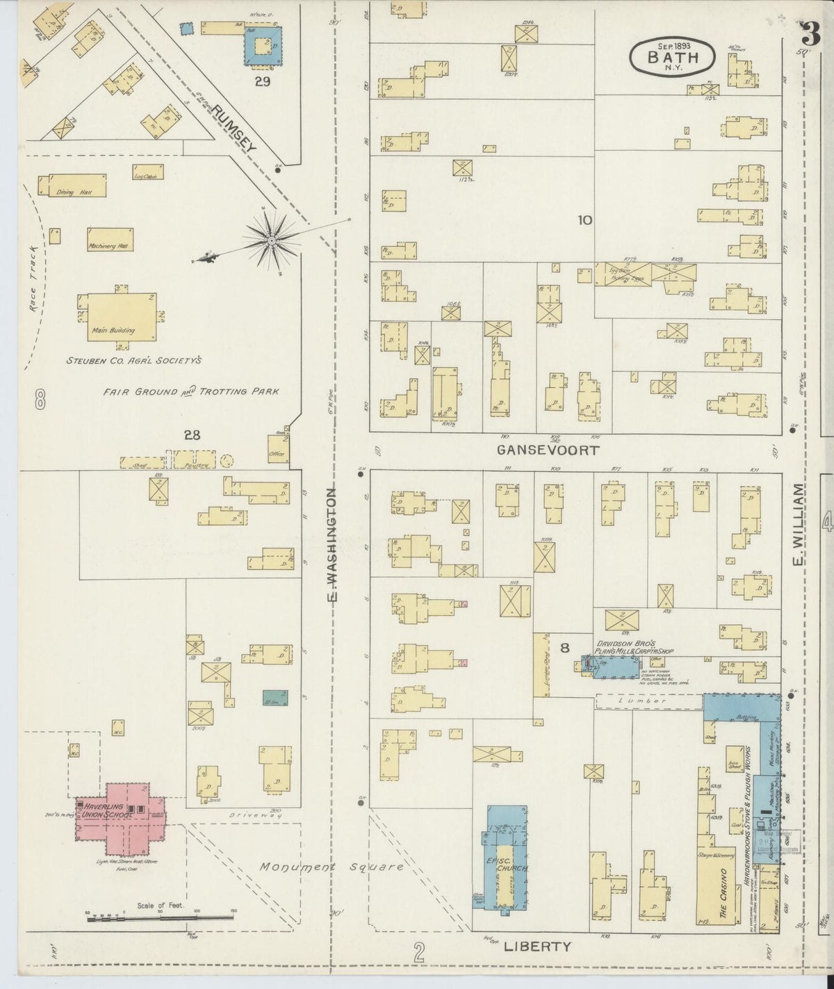 Sanborn Fire Insurance Map from Bath, Steuben County, New York (1893), Sheet #0003 - Complete Map Set gallery image, historic Sanborn map, vintage wall art, New York New York