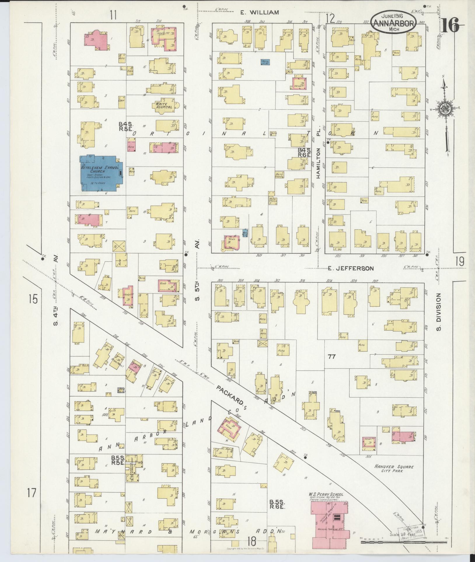 Sanborn Fire Insurance Map from Ann Arbor, Washtenaw County, Michigan (1916), Sheet #0016 - Complete Map Set gallery image, historic Sanborn map, vintage wall art, Michigan Michigan