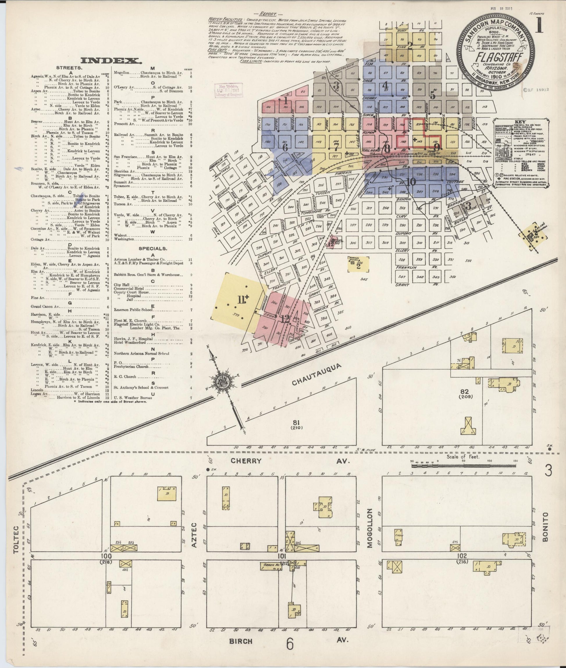 Sanborn Fire Insurance Map from Flagstaff, Coconino County, Arizona (1910), Sheet #0001 - Historic Sanborn Fire Insurance Map Print, vintage old map wall art, antique decor, genealogy gift, Arizona Arizona map