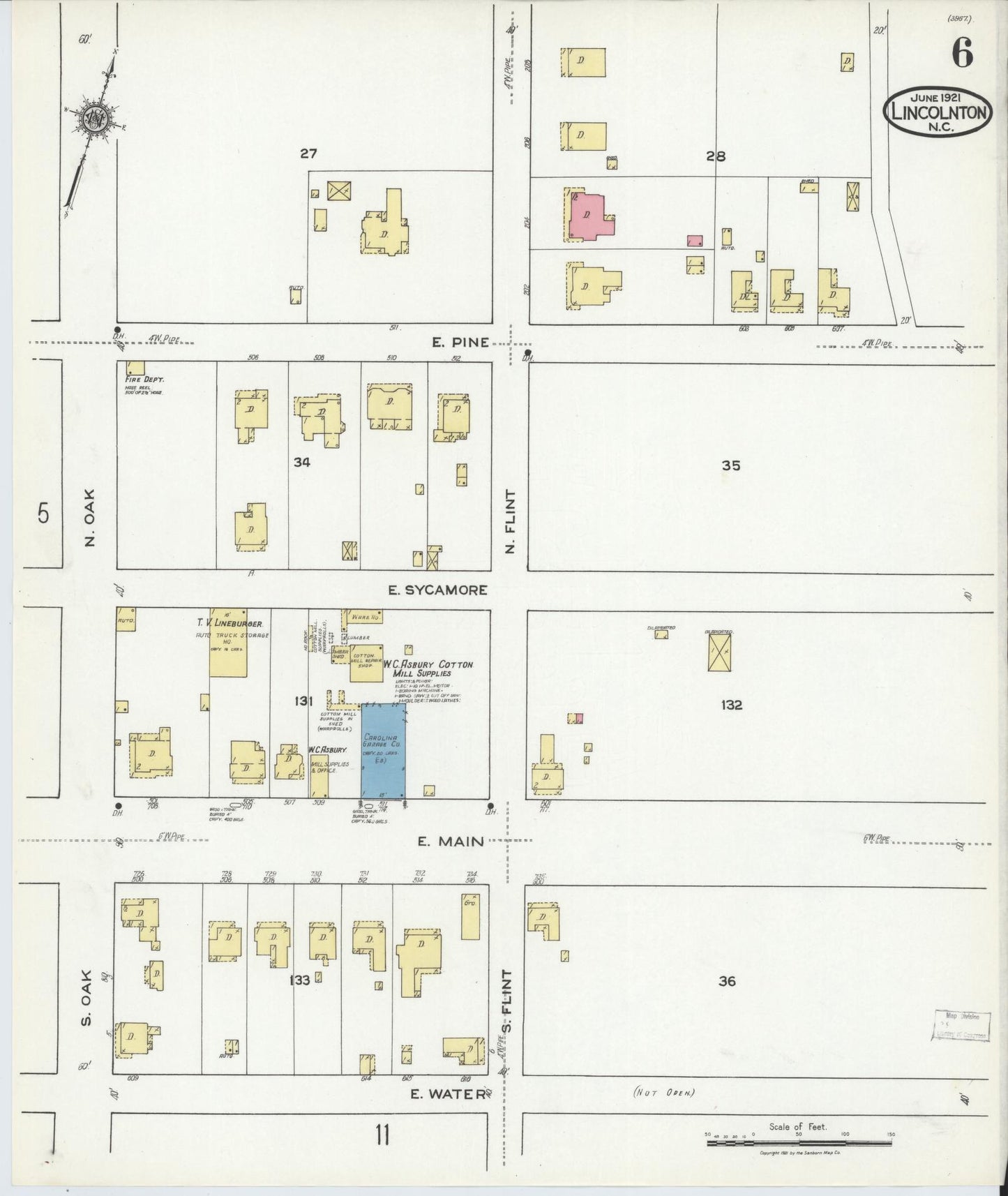 Sanborn Fire Insurance Map from Lincolnton, Lincoln County, North Carolina (1921), Sheet #0006 - Complete Map Set gallery image, historic Sanborn map, vintage wall art, North Carolina North Carolina