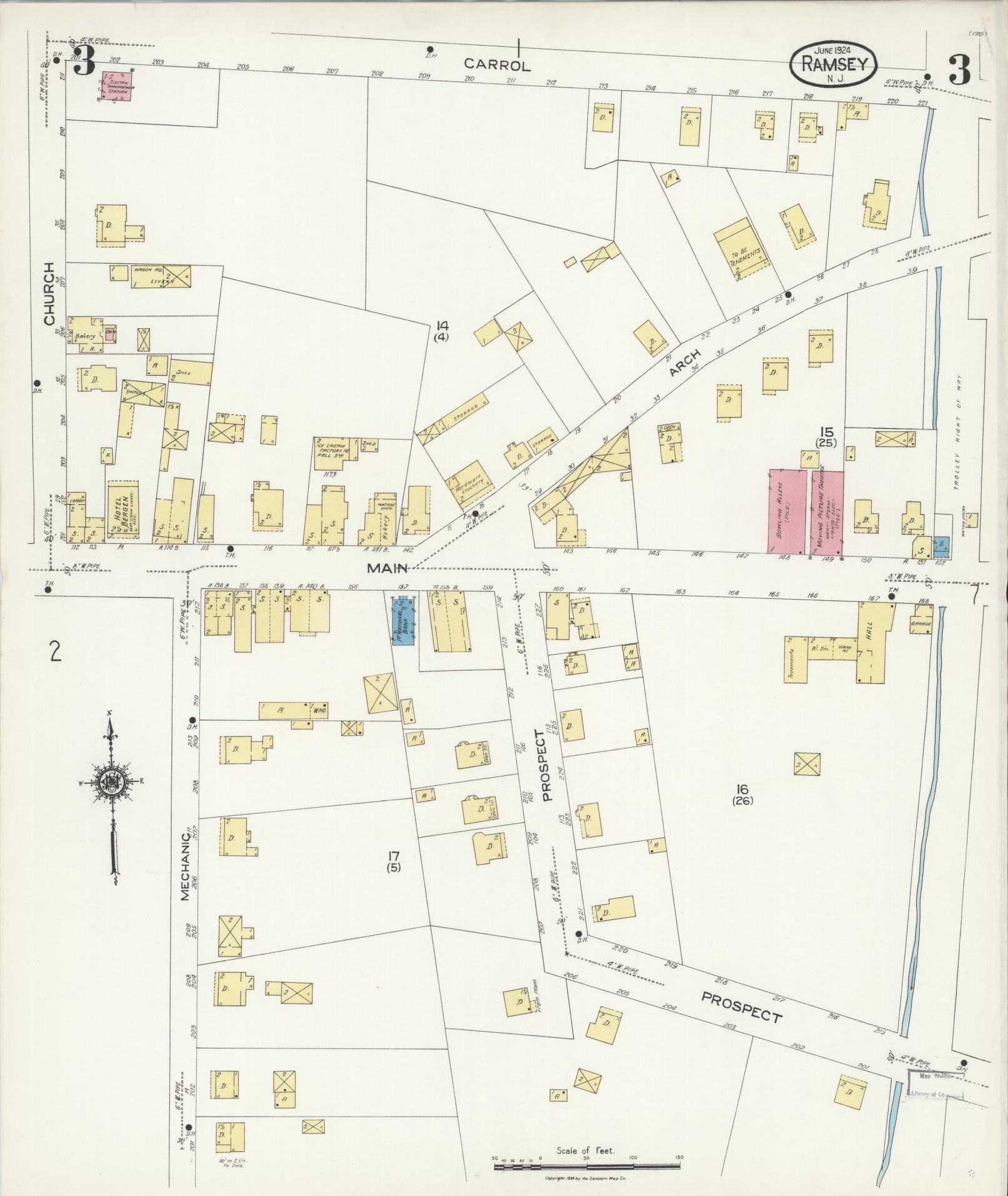 Sanborn Fire Insurance Map from Ramsey, Bergen County, New Jersey (1924), Sheet #0003 - Historic Sanborn Fire Insurance Map Print, vintage old map wall art, antique decor, genealogy gift, New Jersey New Jersey map
