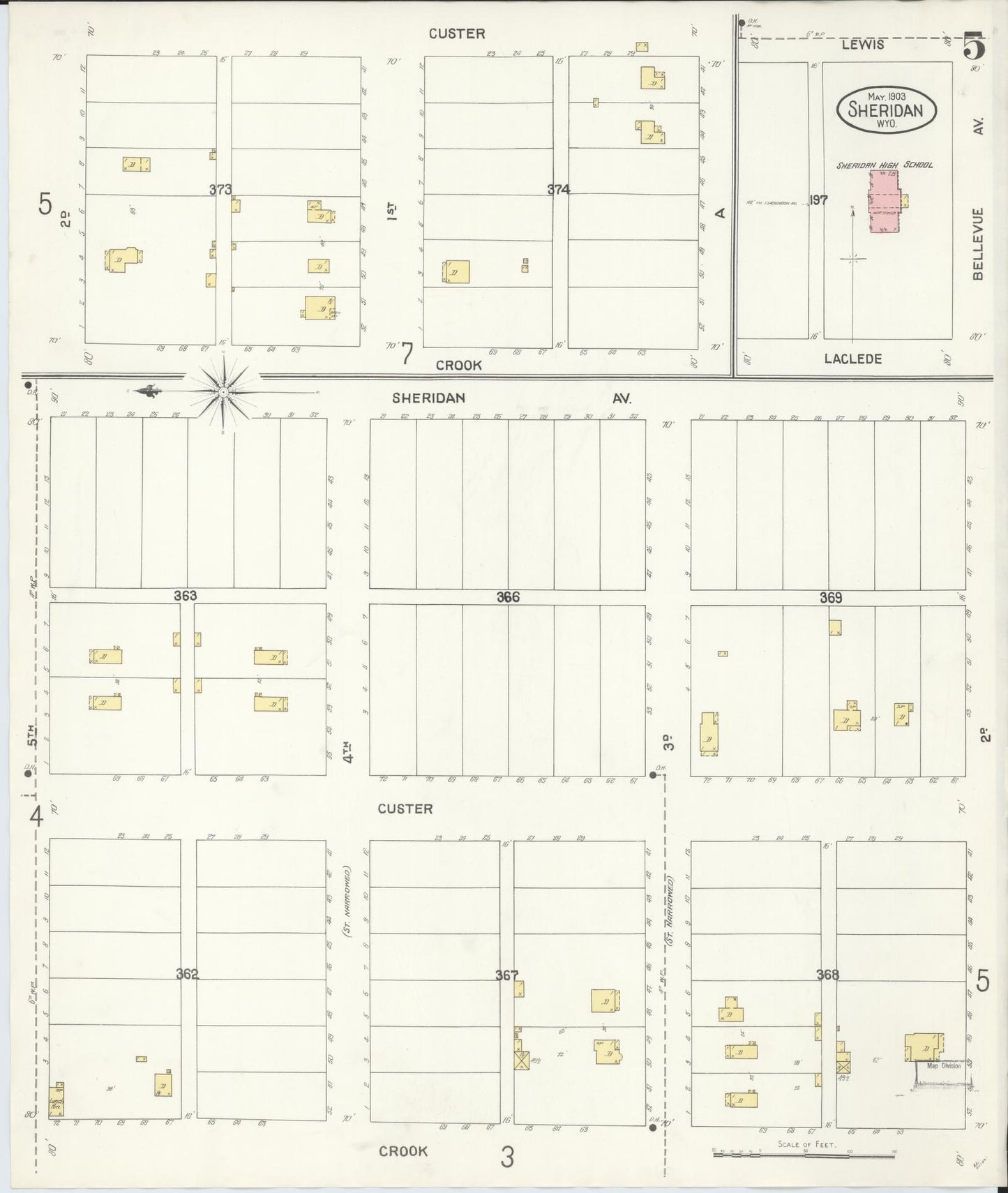 Sanborn Fire Insurance Map from Sheridan, Sheridan County, Wyoming (1903), Sheet #0005 - Historic Sanborn Fire Insurance Map Print, vintage old map wall art, antique decor, genealogy gift, Wyoming Wyoming map
