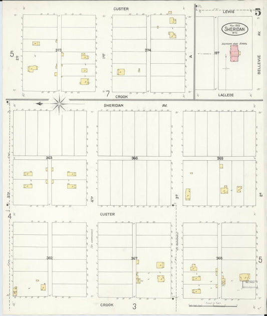 Sanborn Fire Insurance Map from Sheridan, Sheridan County, Wyoming (1903), Sheet #0005 - Historic Sanborn Fire Insurance Map Print, vintage old map wall art, antique decor, genealogy gift, Wyoming Wyoming map