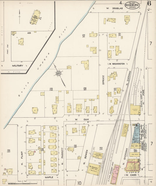 Sanborn Fire Insurance Map from Roseburg, Douglas County, Oregon (1912), Sheet #0006 - Historic Sanborn Fire Insurance Map Print, vintage old map wall art, antique decor, genealogy gift, Oregon Oregon map