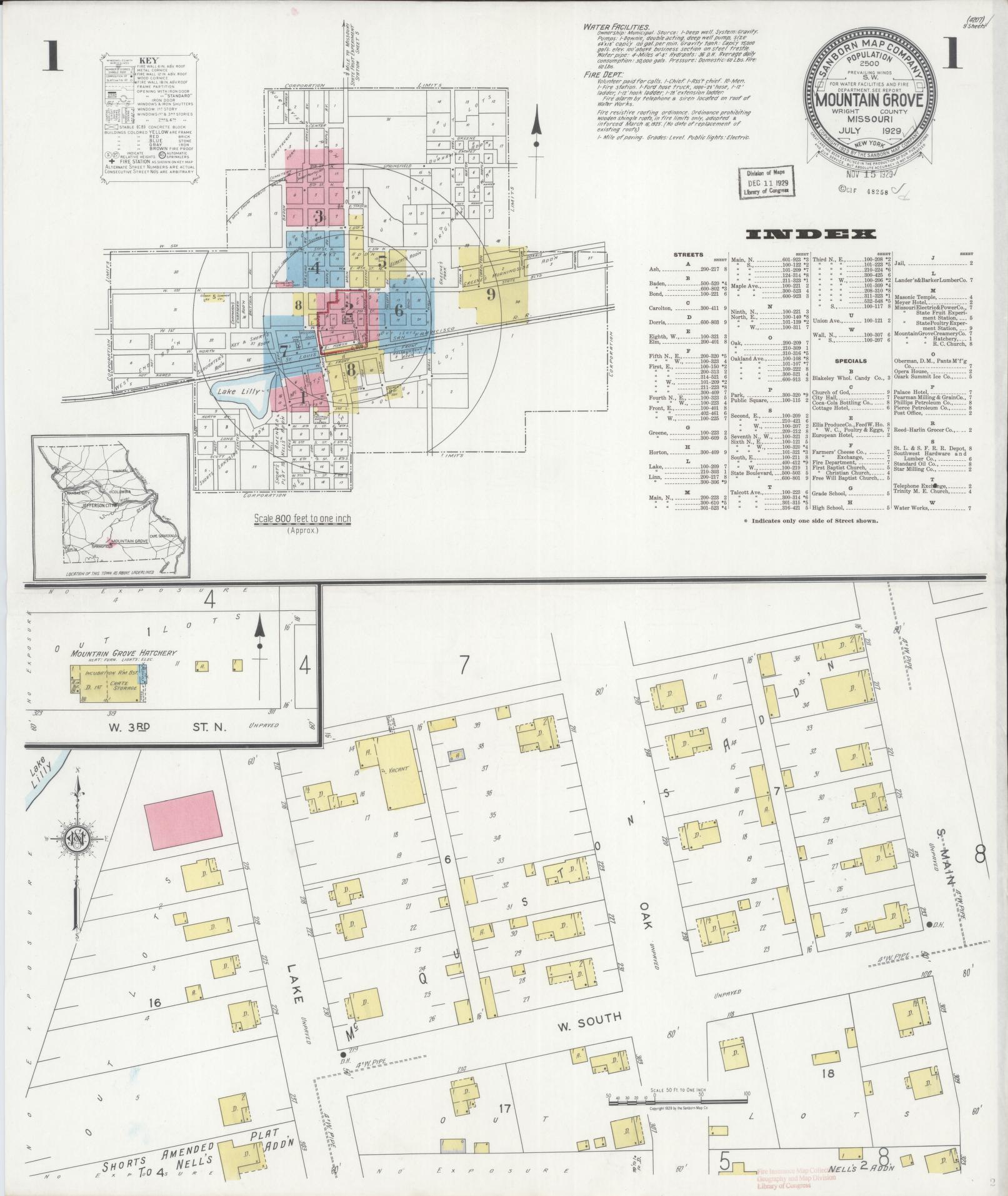 Sanborn Fire Insurance Map from Mountain Grove, Wright County, Missouri (1929), Sheet #0001 - Complete Map Set gallery image, historic Sanborn map, vintage wall art, Missouri Missouri