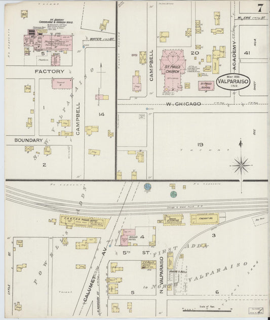 Sanborn Fire Insurance Map from Valparaiso, Porter County, Indiana (1886), Sheet #0007 - Historic Sanborn Fire Insurance Map Print, vintage old map wall art, antique decor, genealogy gift, Indiana Indiana map