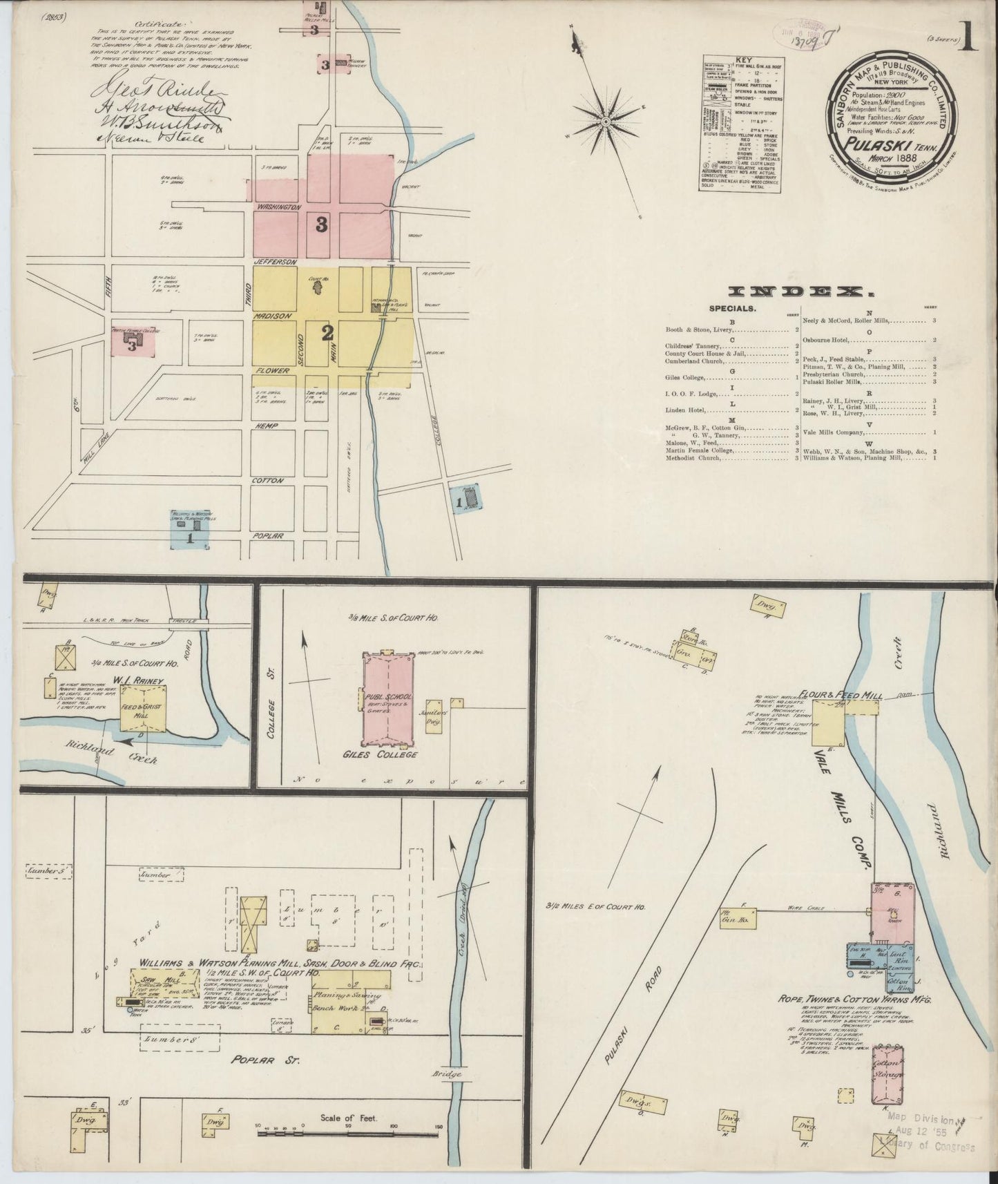 Sanborn Fire Insurance Map from Pulaski, Giles County, Tennessee (1888), Sheet #0001 - Complete Map Set gallery image, historic Sanborn map, vintage wall art, Tennessee Tennessee