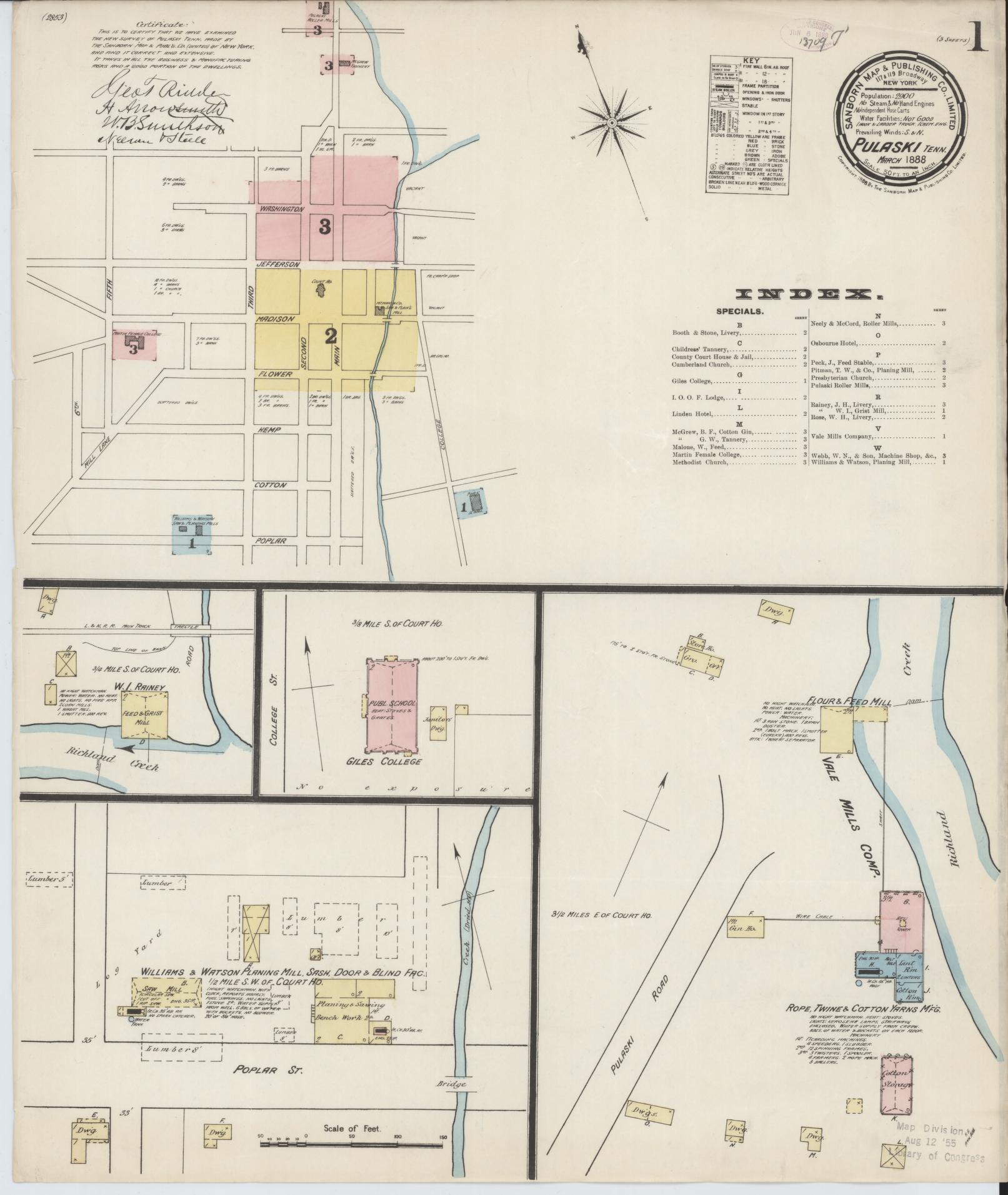 Sanborn Fire Insurance Map from Pulaski, Giles County, Tennessee (1888), Sheet #0001 - Complete Map Set gallery image, historic Sanborn map, vintage wall art, Tennessee Tennessee