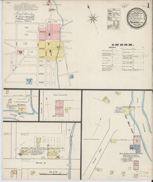 Sanborn Fire Insurance Map from Pulaski, Giles County, Tennessee (1888), Sheet #0001 - Complete Map Set gallery image, historic Sanborn map, vintage wall art, Tennessee Tennessee