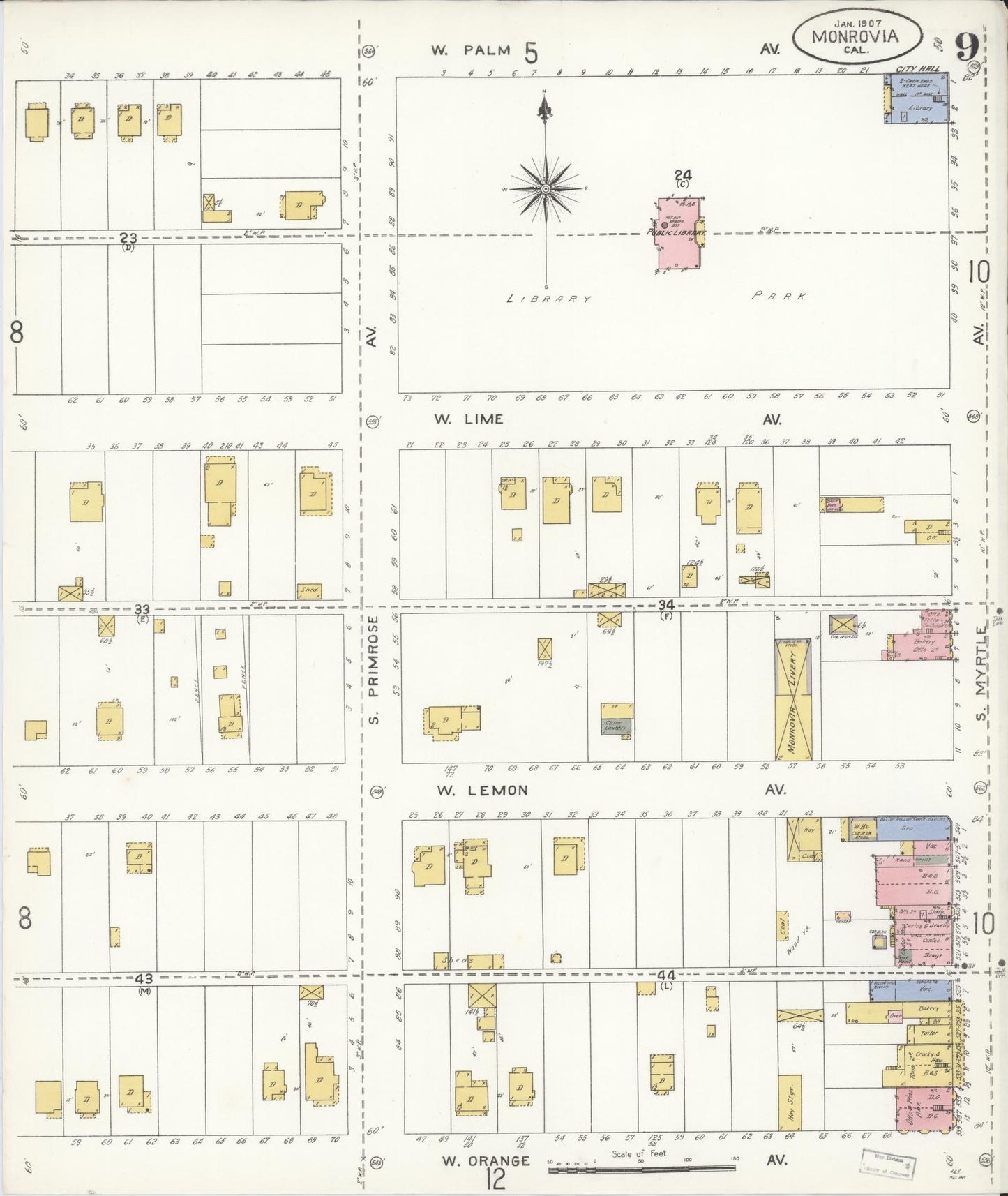 Sanborn Fire Insurance Map from Monrovia, Los Angeles County, California (1907), Sheet #0009 - Complete Map Set gallery image, historic Sanborn map, vintage wall art, California California