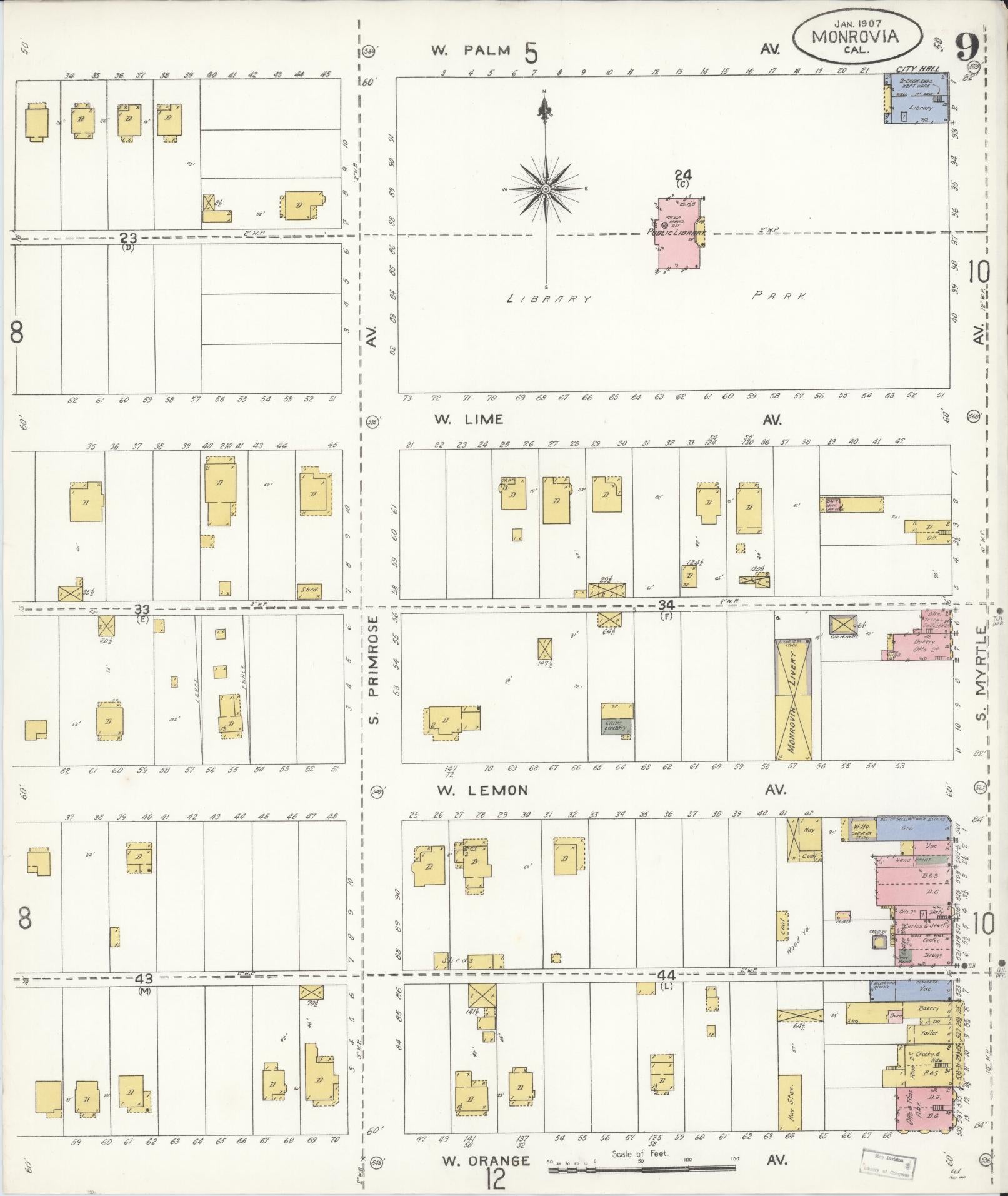 Sanborn Fire Insurance Map from Monrovia, Los Angeles County, California (1907), Sheet #0009 - Complete Map Set gallery image, historic Sanborn map, vintage wall art, California California