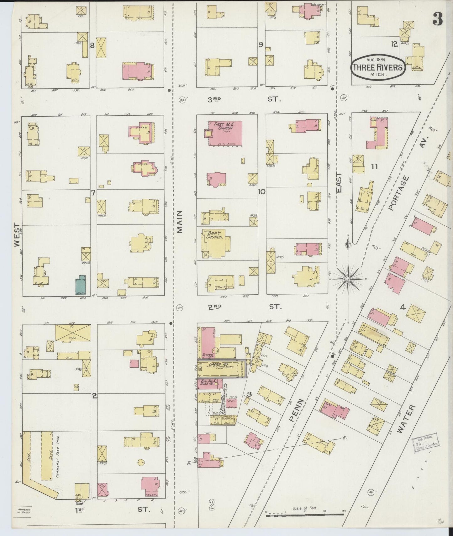 Sanborn Fire Insurance Map from Three Rivers, Saint Joseph County, Michigan (1893), Sheet #0003 - Complete Map Set gallery image, historic Sanborn map, vintage wall art, Michigan Michigan