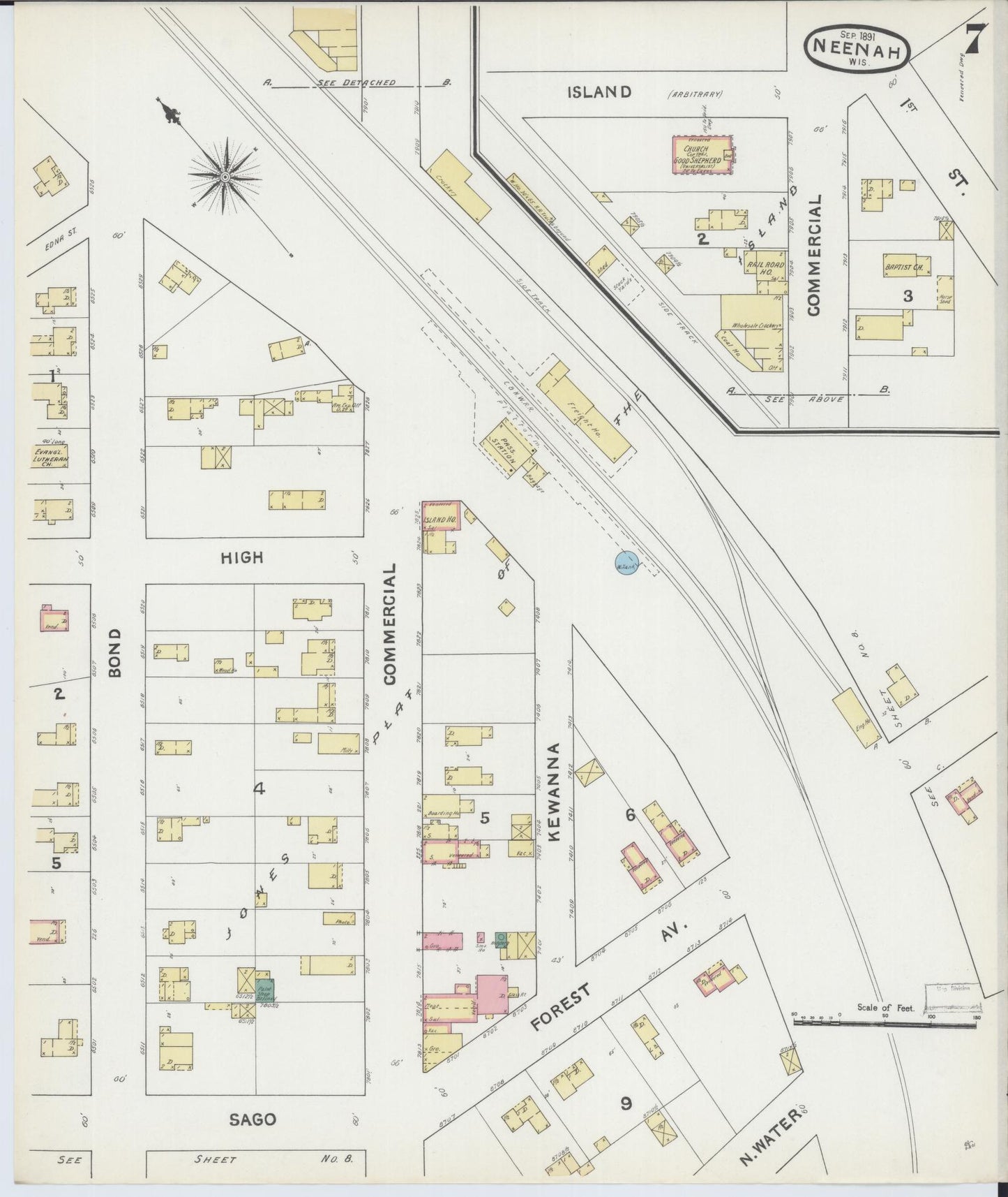 Sanborn Fire Insurance Map from Neenah, Winnebago County, Wisconsin (1891), Sheet #0007 - Complete Map Set gallery image, historic Sanborn map, vintage wall art, Wisconsin Wisconsin