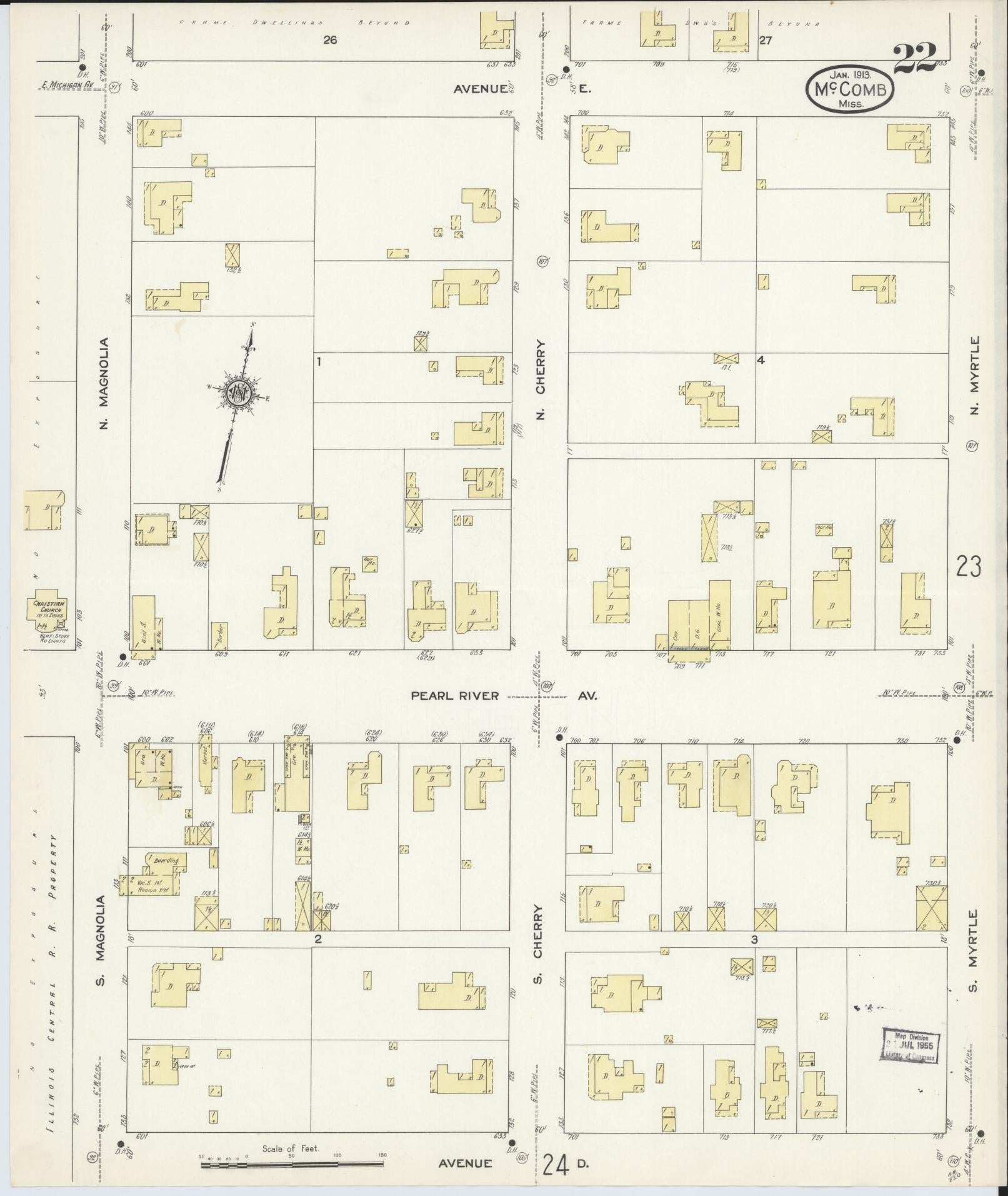 Sanborn Fire Insurance Map from McComb, Pike County, Mississippi (1913), Sheet #0022 - Historic Sanborn Fire Insurance Map Print, vintage old map wall art, antique decor, genealogy gift, Mississippi Mississippi map