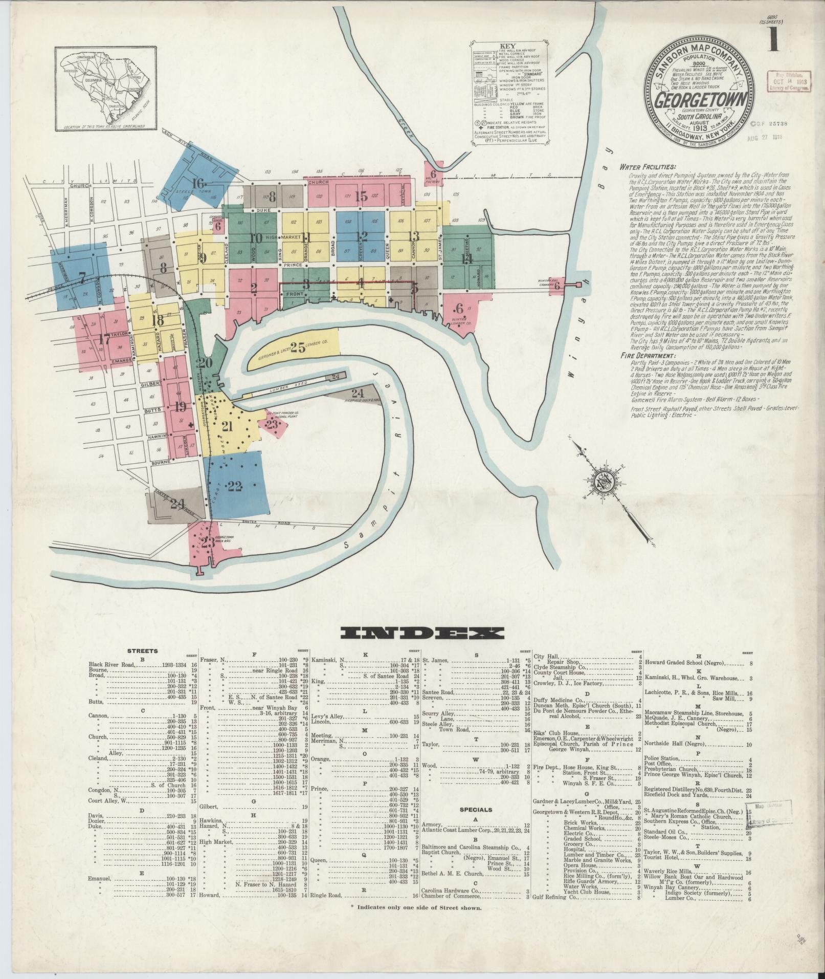 Sanborn Fire Insurance Map from Georgetown, Georgetown County, South Carolina (1913), Sheet #0001 - Historic Sanborn Fire Insurance Map Print, vintage old map wall art, antique decor, genealogy gift, South Carolina South Carolina map