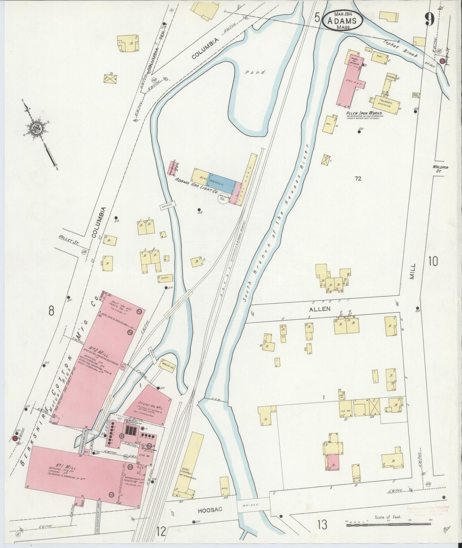 Sanborn Fire Insurance Map from Adams, Berkshire County, Massachusetts (1914), Sheet #0009 - Historic Sanborn Fire Insurance Map Print, vintage old map wall art, antique decor, genealogy gift, Massachusetts Massachusetts map