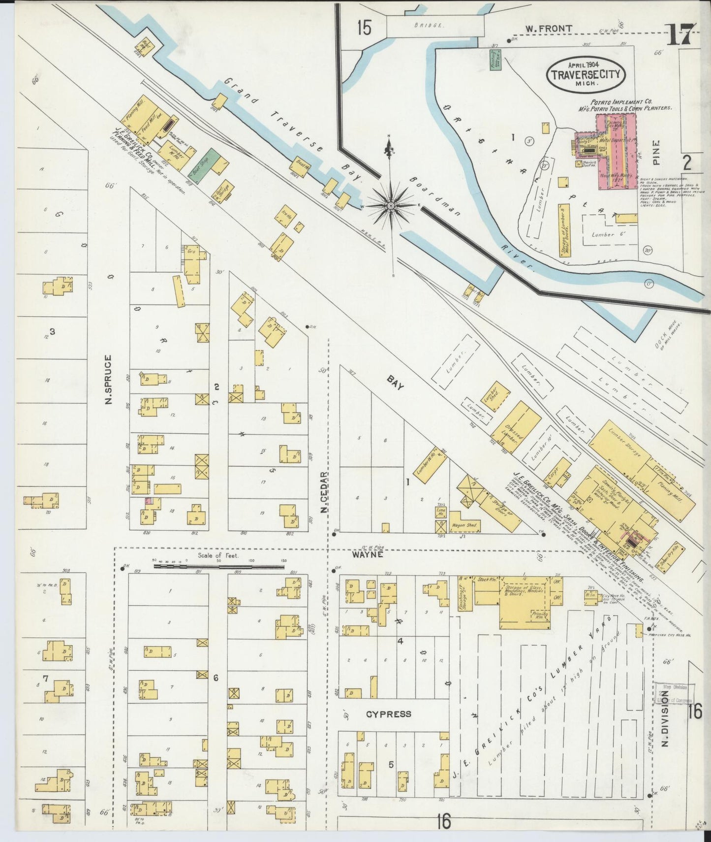Sanborn Fire Insurance Map from Traverse City, Grand Traverse County, Michigan (1904), Sheet #0017 - Historic Sanborn Fire Insurance Map Print, vintage old map wall art, antique decor, genealogy gift, Michigan Michigan map