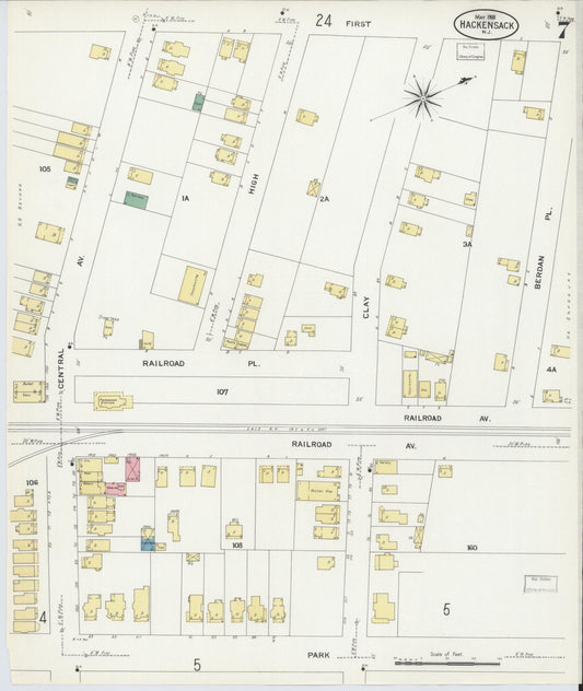 Sanborn Fire Insurance Map from Hackensack, Bergen County, New Jersey (1908), Sheet #0007 - Historic Sanborn Fire Insurance Map Print, vintage old map wall art, antique decor, genealogy gift, New Jersey New Jersey map