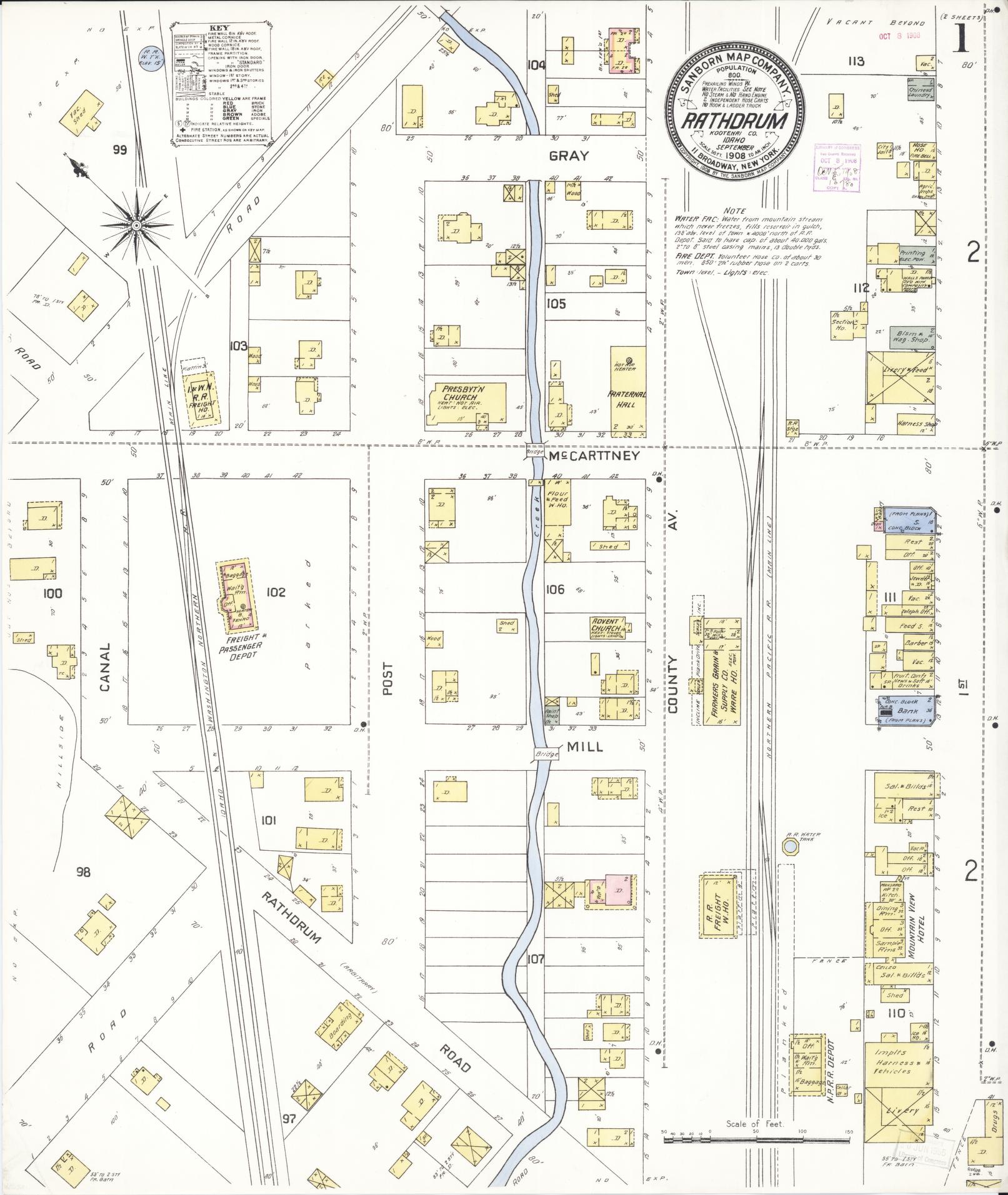 Sanborn Fire Insurance Map from Rathdrum, Kootenai County, Idaho (1908), Sheet #0001 - Complete Map Set gallery image, historic Sanborn map, vintage wall art, Idaho Idaho