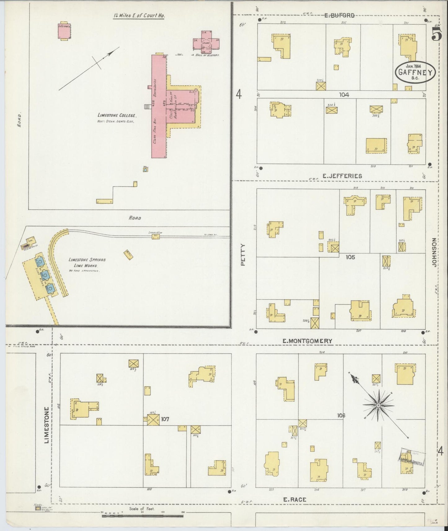 Sanborn Fire Insurance Map from Gaffney, Cherokee County, South Carolina (1904), Sheet #0005 - Complete Map Set gallery image, historic Sanborn map, vintage wall art, South Carolina South Carolina