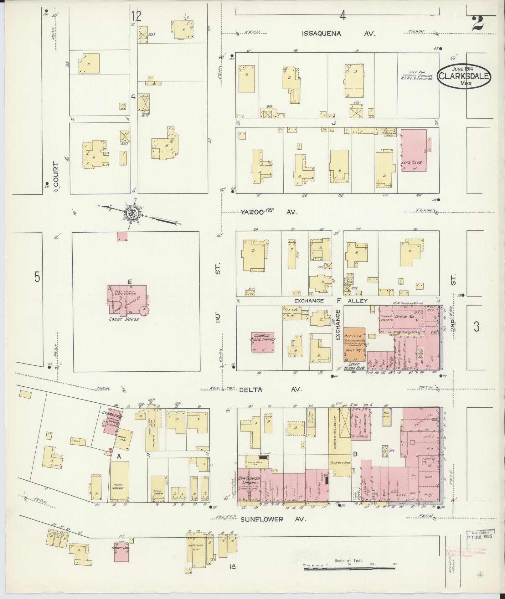 Sanborn Fire Insurance Map from Clarksdale, Coahoma County, Mississippi (1914), Sheet #0002 - Historic Sanborn Fire Insurance Map Print, vintage old map wall art, antique decor, genealogy gift, Mississippi Mississippi map