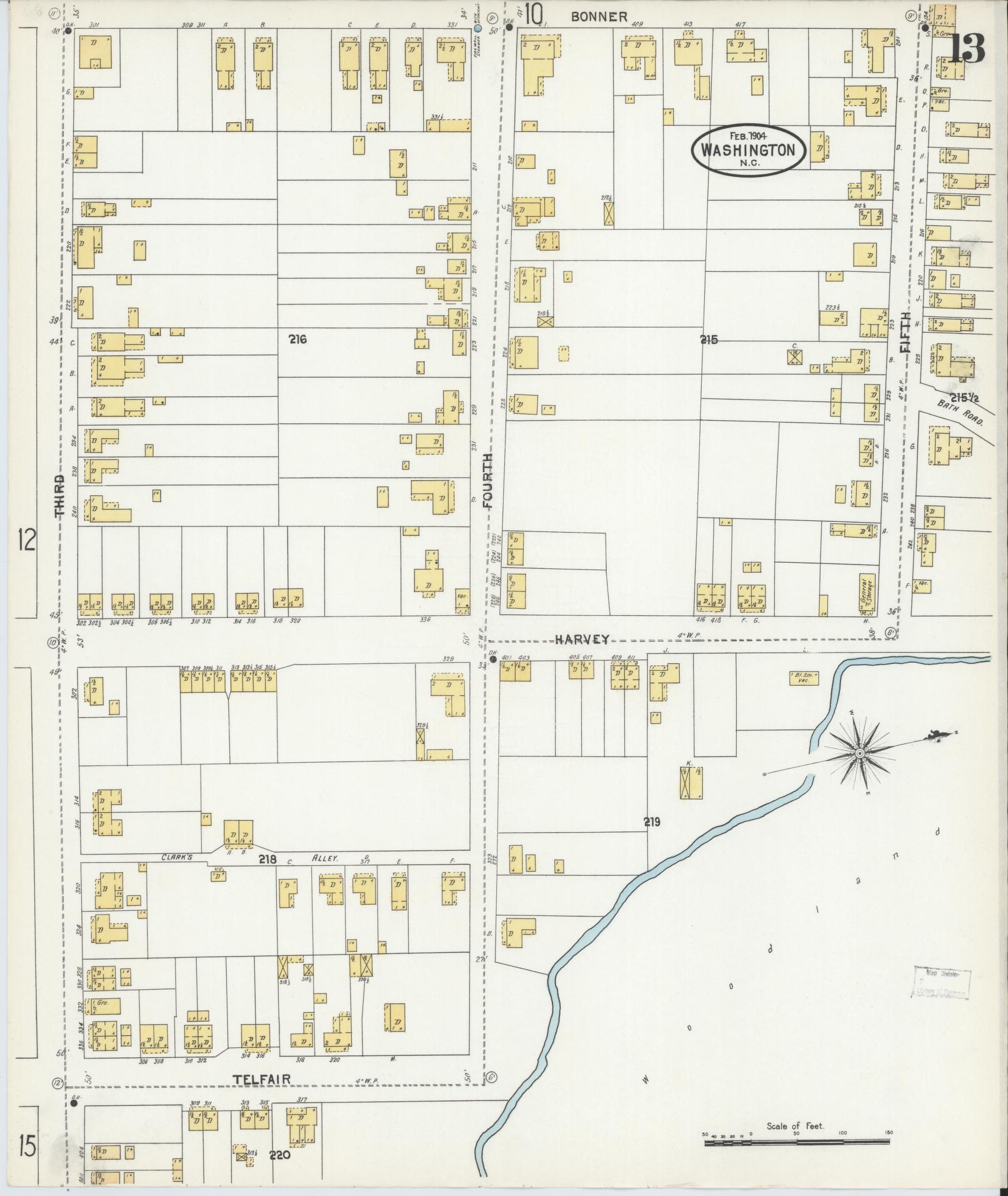 Sanborn Fire Insurance Map from Washington, Beaufort County, North Carolina (1904), Sheet #0013 - Historic Sanborn Fire Insurance Map Print, vintage old map wall art, antique decor, genealogy gift, Washington Washington map