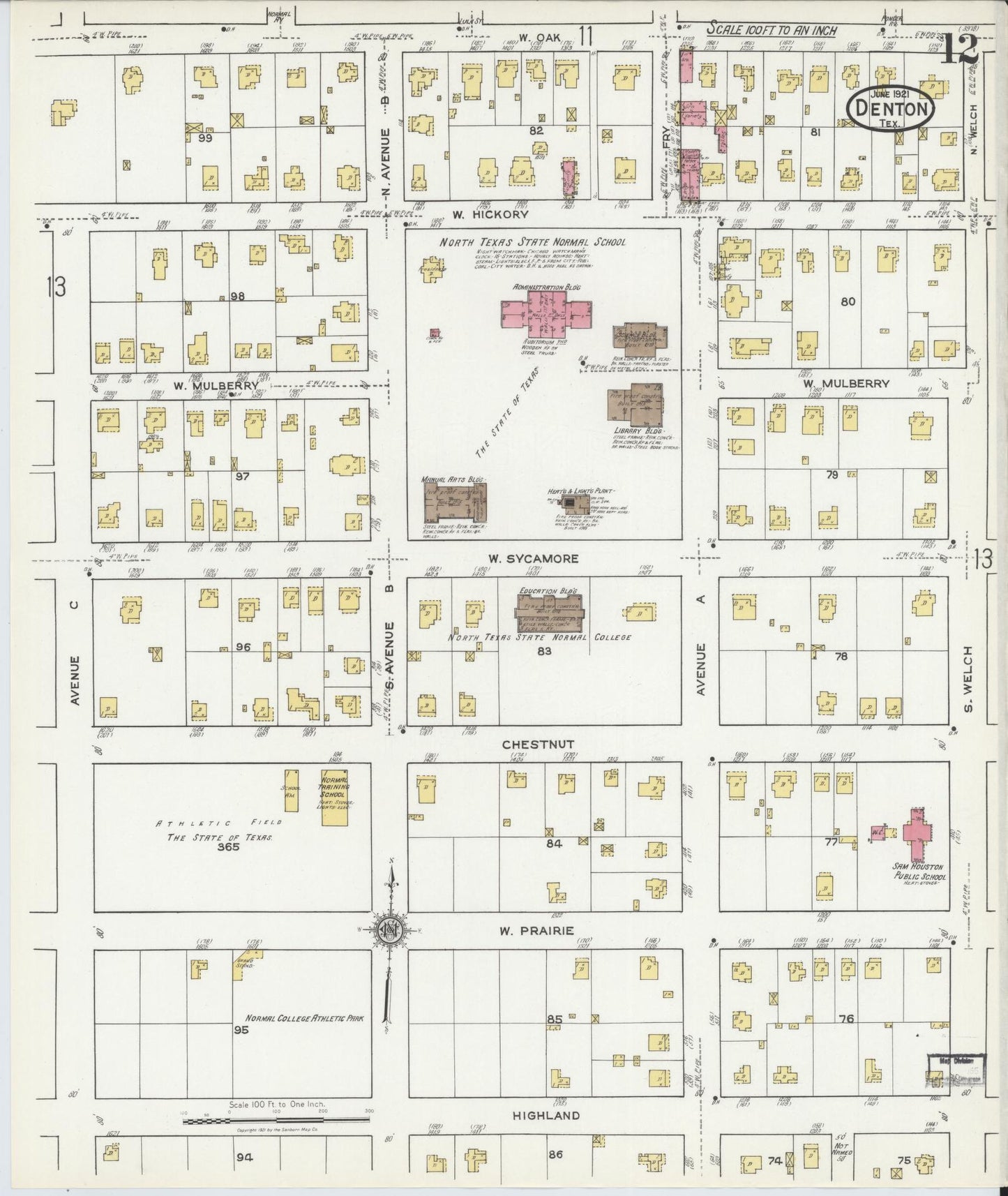 Sanborn Fire Insurance Map from Denton, Denton County, Texas (1921), Sheet #0012 - Complete Map Set gallery image, historic Sanborn map, vintage wall art, Texas Texas