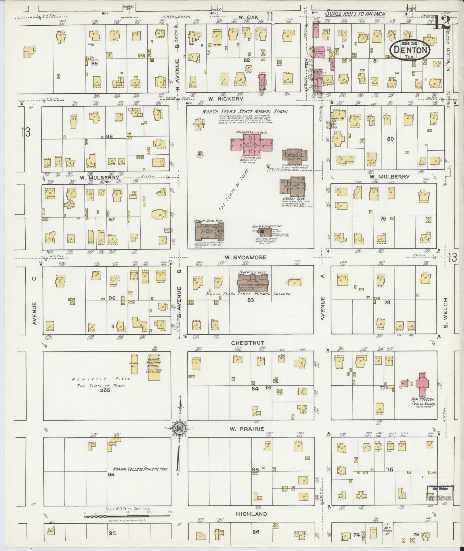 Sanborn Fire Insurance Map from Denton, Denton County, Texas (1921), Sheet #0012 - Complete Map Set gallery image, historic Sanborn map, vintage wall art, Texas Texas