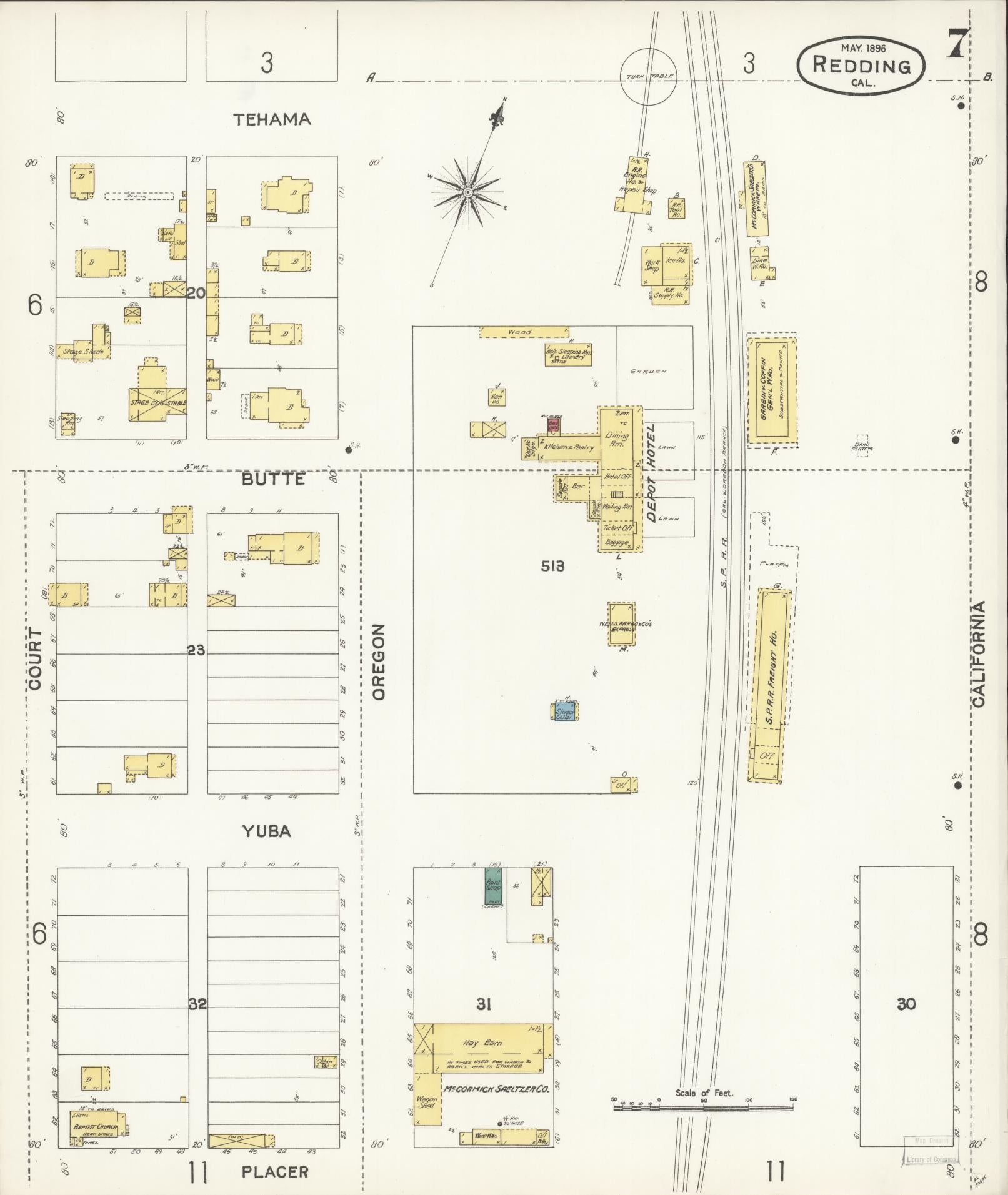 Sanborn Fire Insurance Map from Redding, Shasta County, California (1896), Sheet #0007 - Complete Map Set gallery image, historic Sanborn map, vintage wall art, California California
