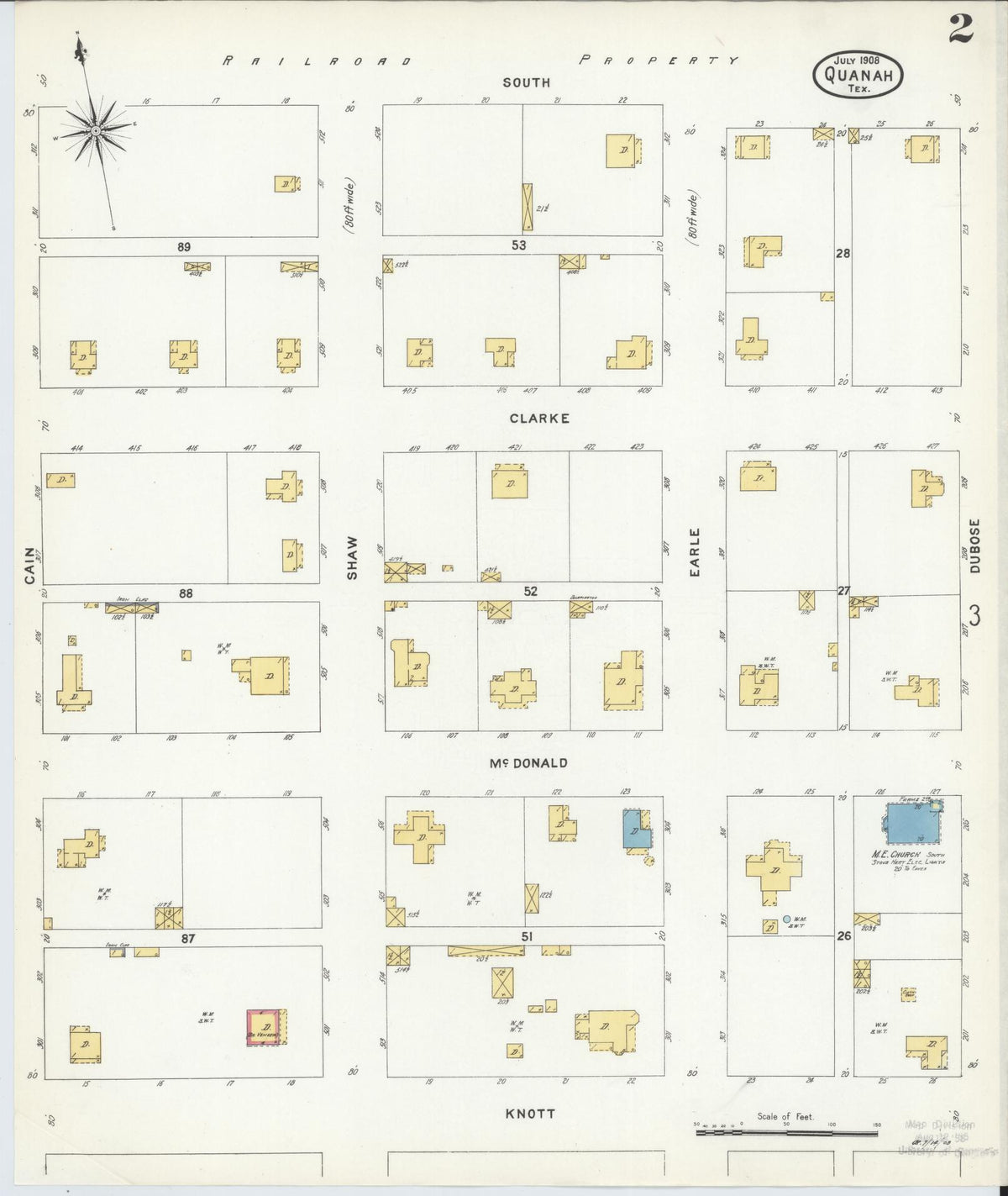 Sanborn Fire Insurance Map from Quanah, Hardeman County, Texas (1908), Sheet #0002 - Complete Map Set gallery image, historic Sanborn map, vintage wall art, Texas Texas
