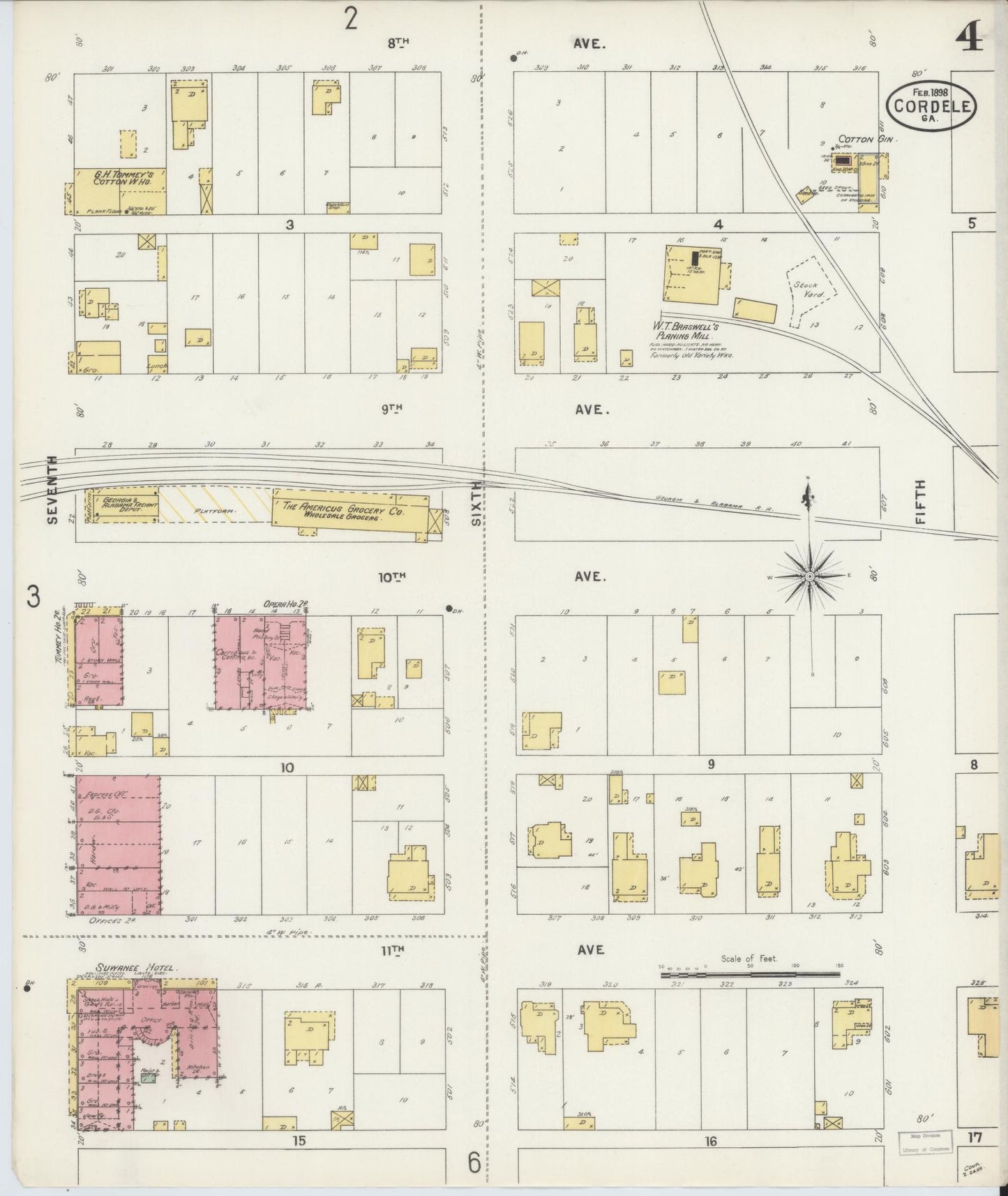 Sanborn Fire Insurance Map from Cordele, Crisp County, Georgia (1898), Sheet #0004 - Historic Sanborn Fire Insurance Map Print, vintage old map wall art, antique decor, genealogy gift, Georgia Georgia map