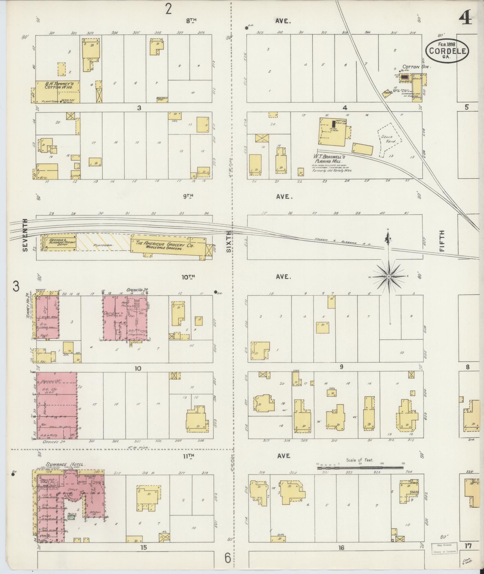 Sanborn Fire Insurance Map from Cordele, Crisp County, Georgia (1898), Sheet #0004 - Historic Sanborn Fire Insurance Map Print, vintage old map wall art, antique decor, genealogy gift, Georgia Georgia map