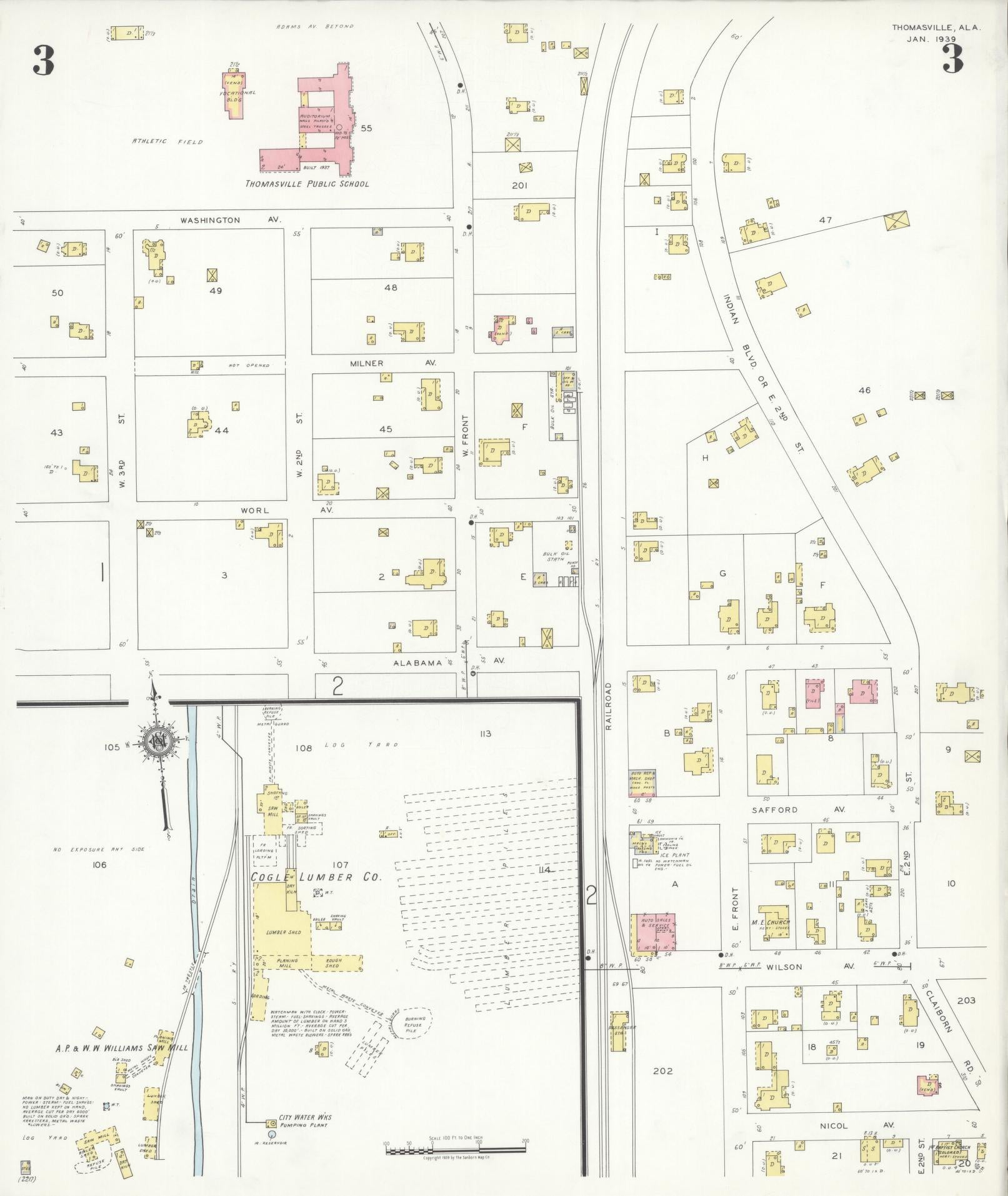 Sanborn Fire Insurance Map from Thomasville, Clarke County, Alabama (1939), Sheet #0003 - Historic Sanborn Fire Insurance Map Print, vintage old map wall art, antique decor, genealogy gift, Alabama Alabama map