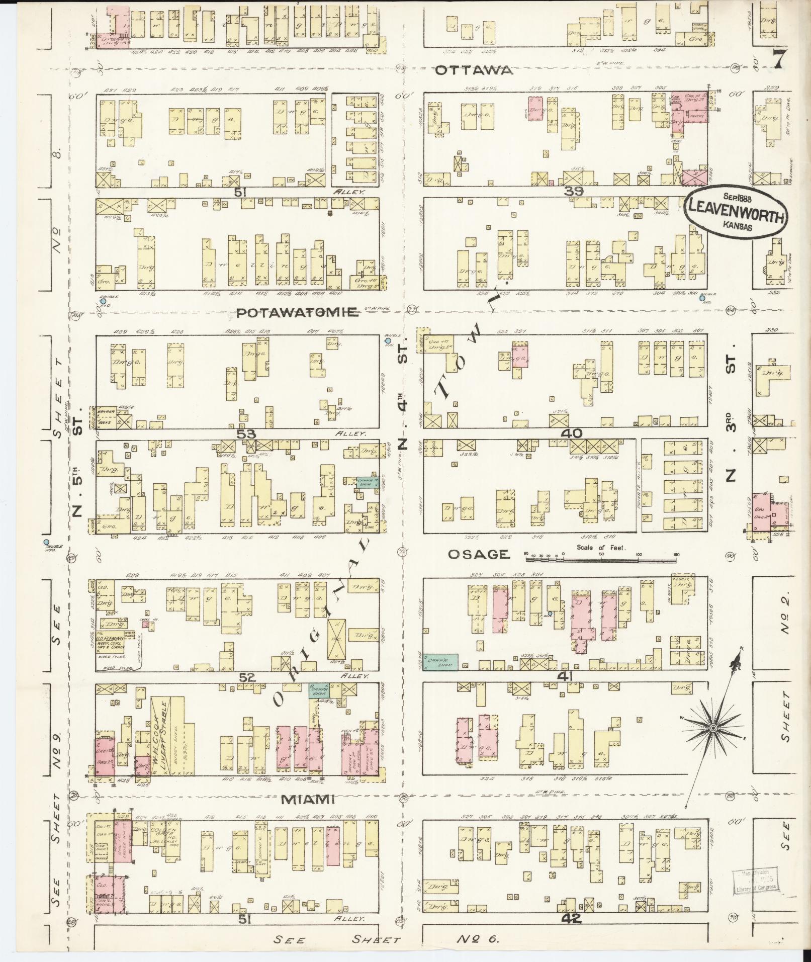 Sanborn Fire Insurance Map from Leavenworth, Leavenworth County, Kansas (1883), Sheet #0007 - Complete Map Set gallery image, historic Sanborn map, vintage wall art, Kansas Kansas