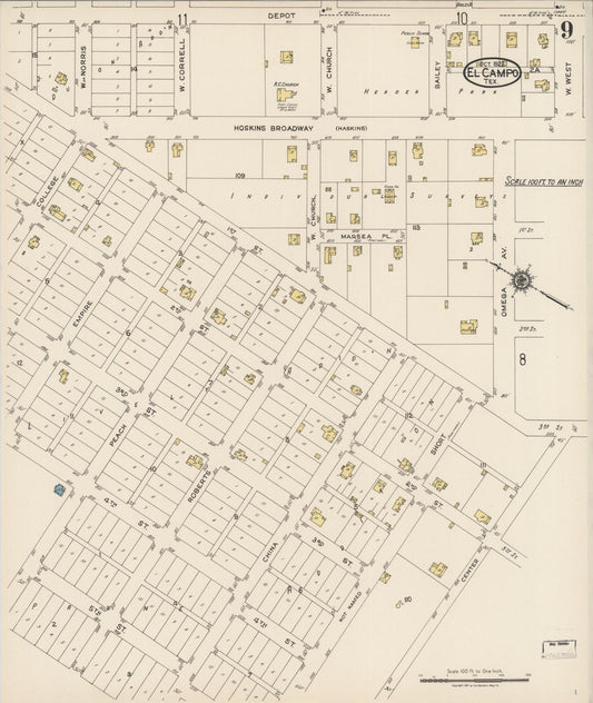 Sanborn Fire Insurance Map from El Campo, Wharton County, Texas (1922), Sheet #0009 - Historic Sanborn Fire Insurance Map Print, vintage old map wall art, antique decor, genealogy gift, Texas Texas map