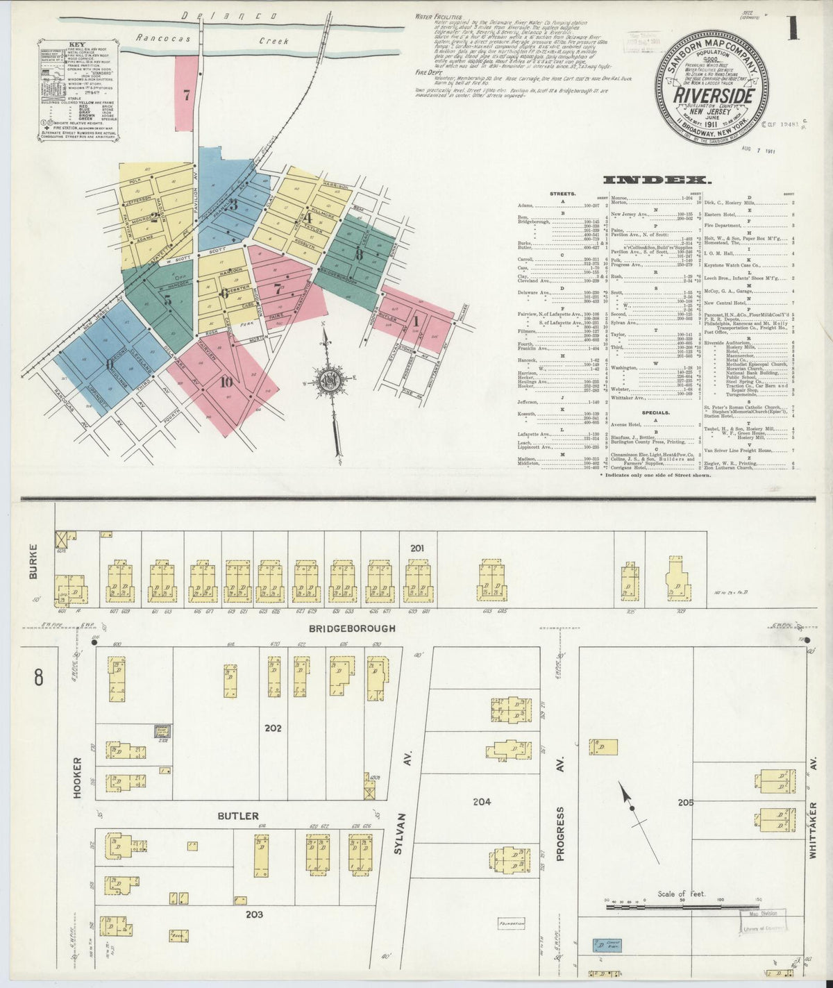 Sanborn Fire Insurance Map from Riverside, Burlington County, New Jersey (1911), Sheet #0001 - Historic Sanborn Fire Insurance Map Print, vintage old map wall art, antique decor, genealogy gift, New Jersey New Jersey map