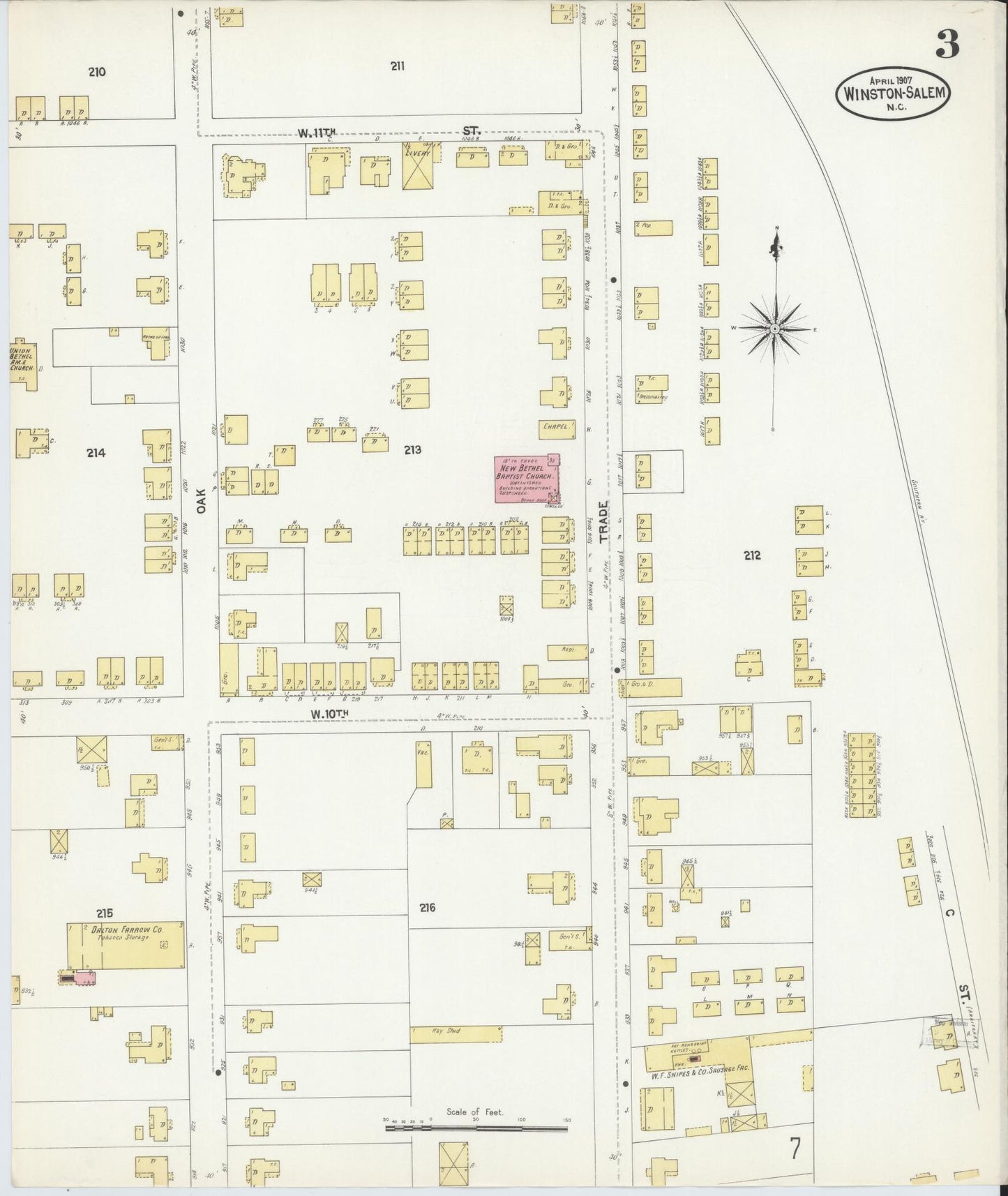Sanborn Fire Insurance Map from Winston-Salem, Forsyth County, North Carolina (1907), Sheet #0003 - Complete Map Set gallery image, historic Sanborn map, vintage wall art, North Carolina North Carolina
