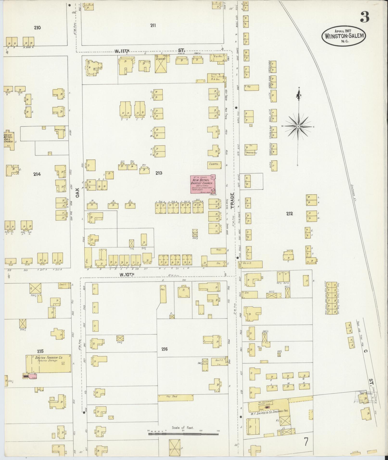 Sanborn Fire Insurance Map from Winston-Salem, Forsyth County, North Carolina (1907), Sheet #0003 - Complete Map Set gallery image, historic Sanborn map, vintage wall art, North Carolina North Carolina