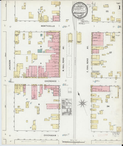 Sanborn Fire Insurance Map from Brookhaven, Lincoln County, Mississippi (1892), Sheet #0001 - Complete Map Set gallery image, historic Sanborn map, vintage wall art, Mississippi Mississippi