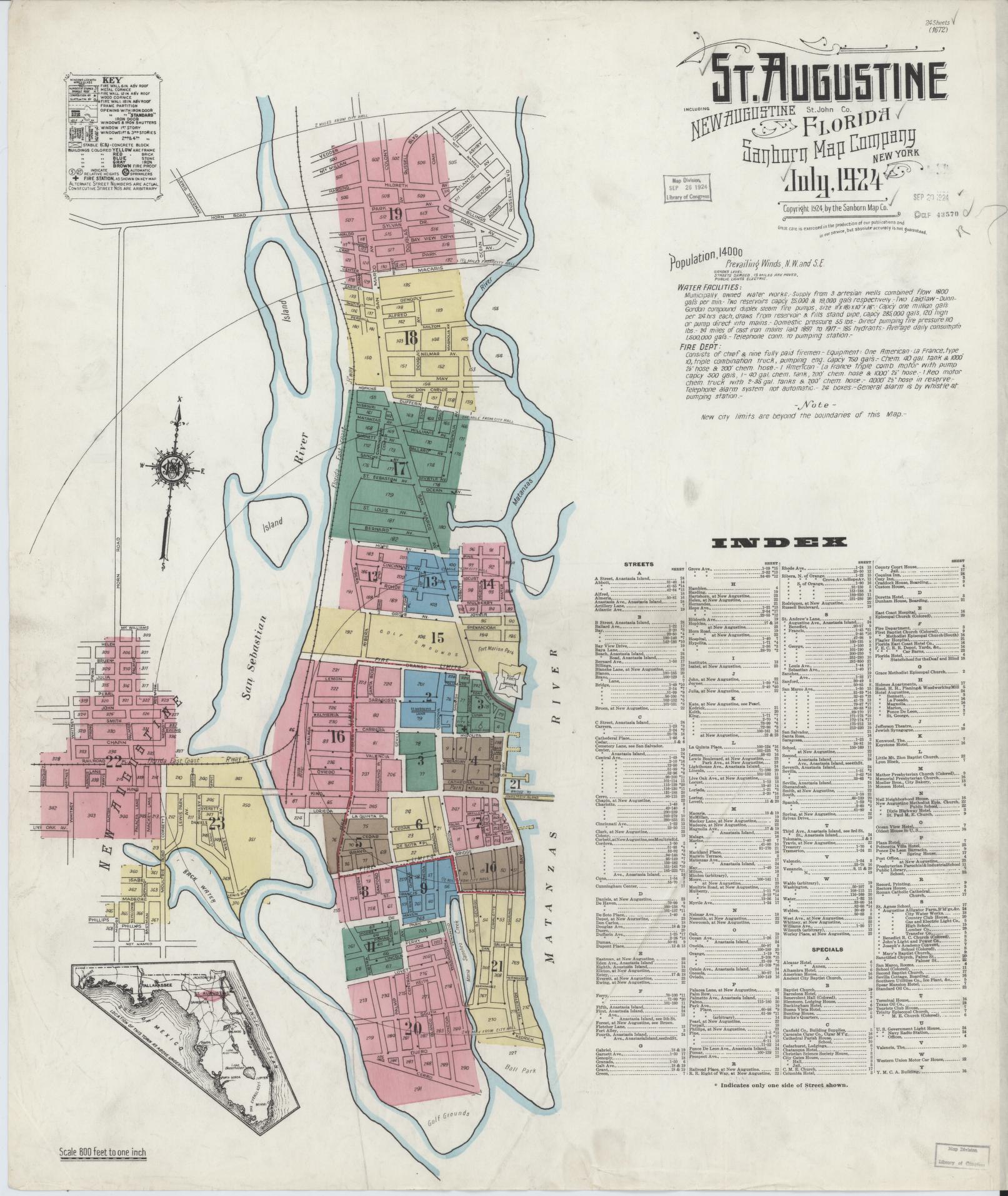 Sanborn Fire Insurance Map from Saint Augustine, Saint John's County, Florida (1924), Sheet #0001 - Historic Sanborn Fire Insurance Map Print, vintage old map wall art, antique decor, genealogy gift, Florida Florida map