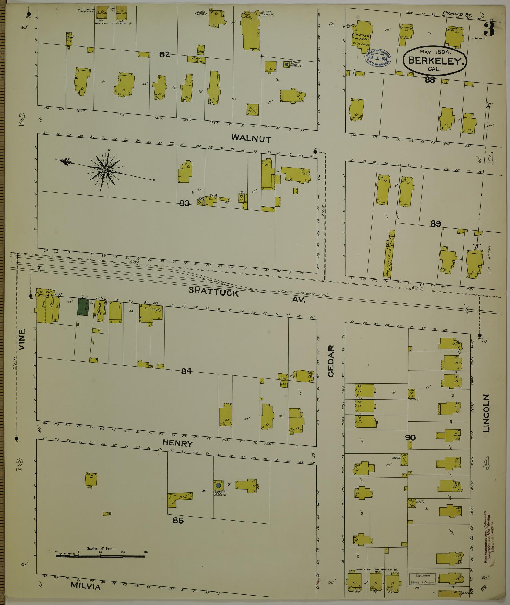 Sanborn Fire Insurance Map from Berkeley, Alameda County, California (1894), Sheet #0003 - Historic Sanborn Fire Insurance Map Print, vintage old map wall art, antique decor, genealogy gift, California California map