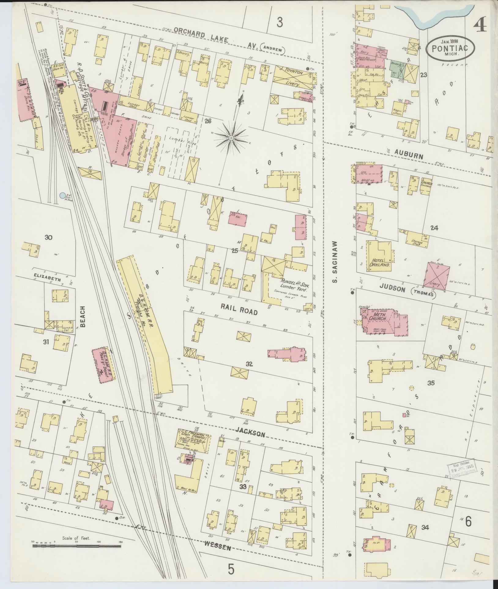 Sanborn Fire Insurance Map from Pontiac, Oakland County, Michigan (1898), Sheet #0004 - Complete Map Set gallery image, historic Sanborn map, vintage wall art, Michigan Michigan